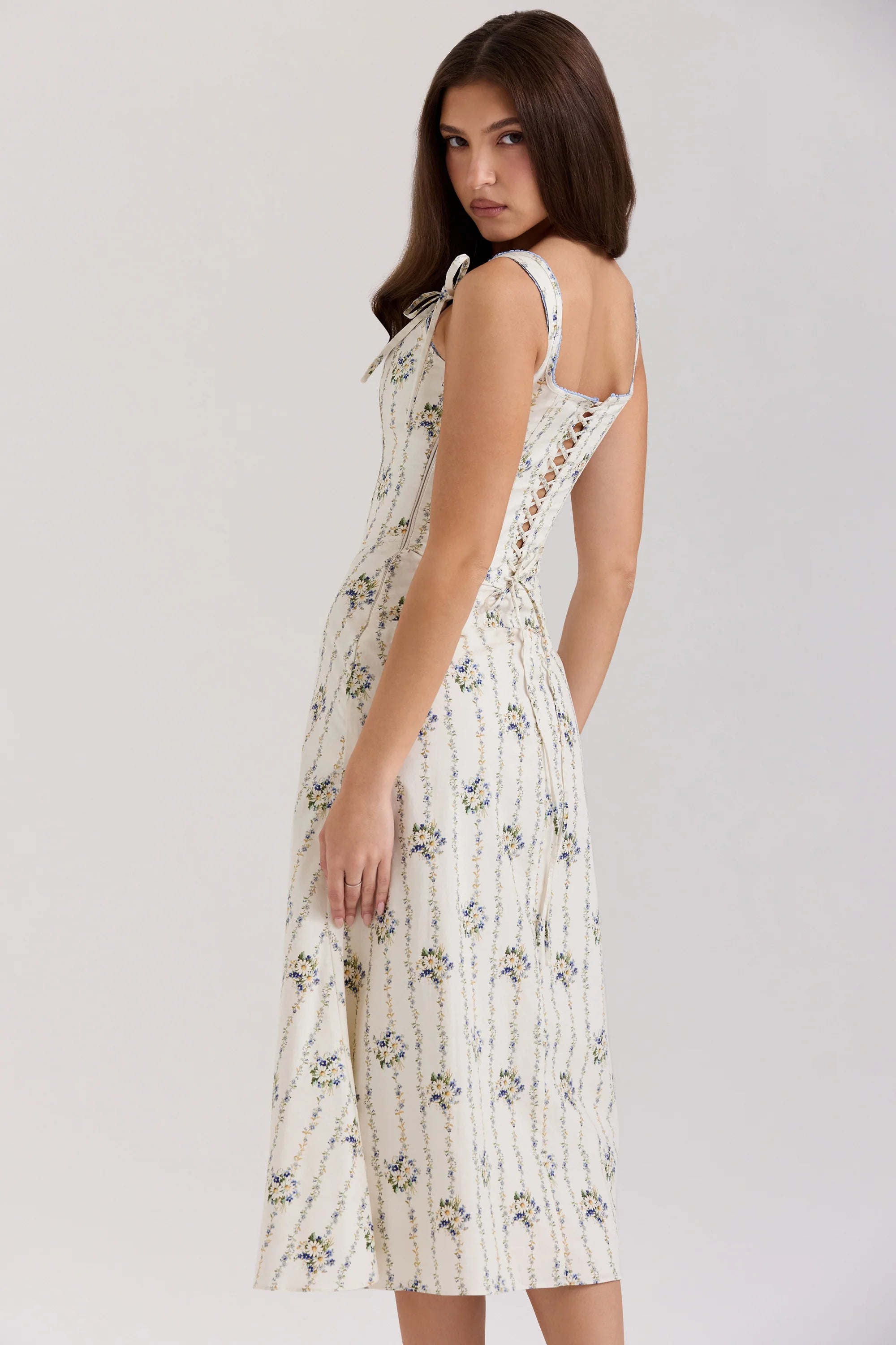 cream daisy print stretch cotton midi dress