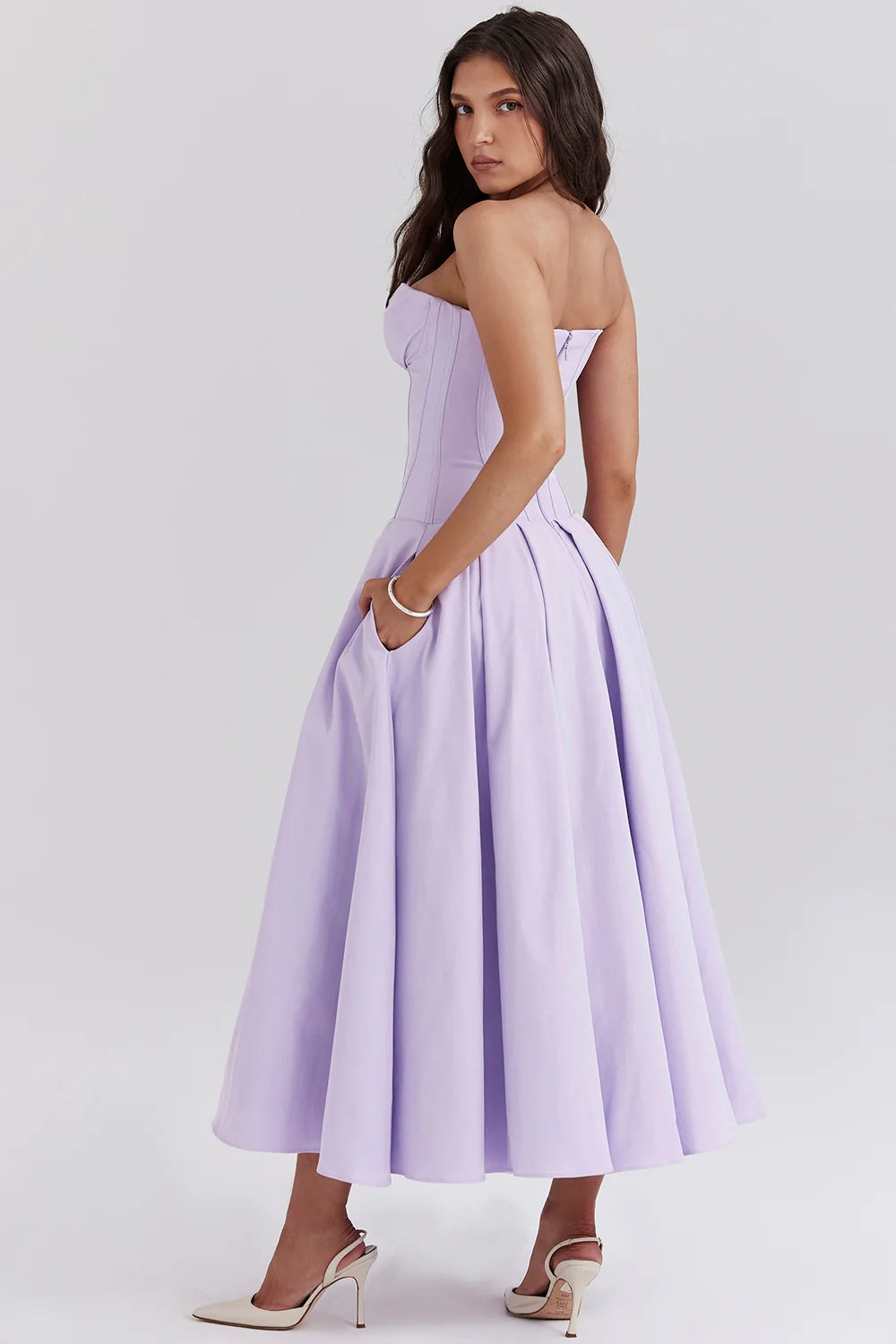 orchid twill strapless tulle midi dress