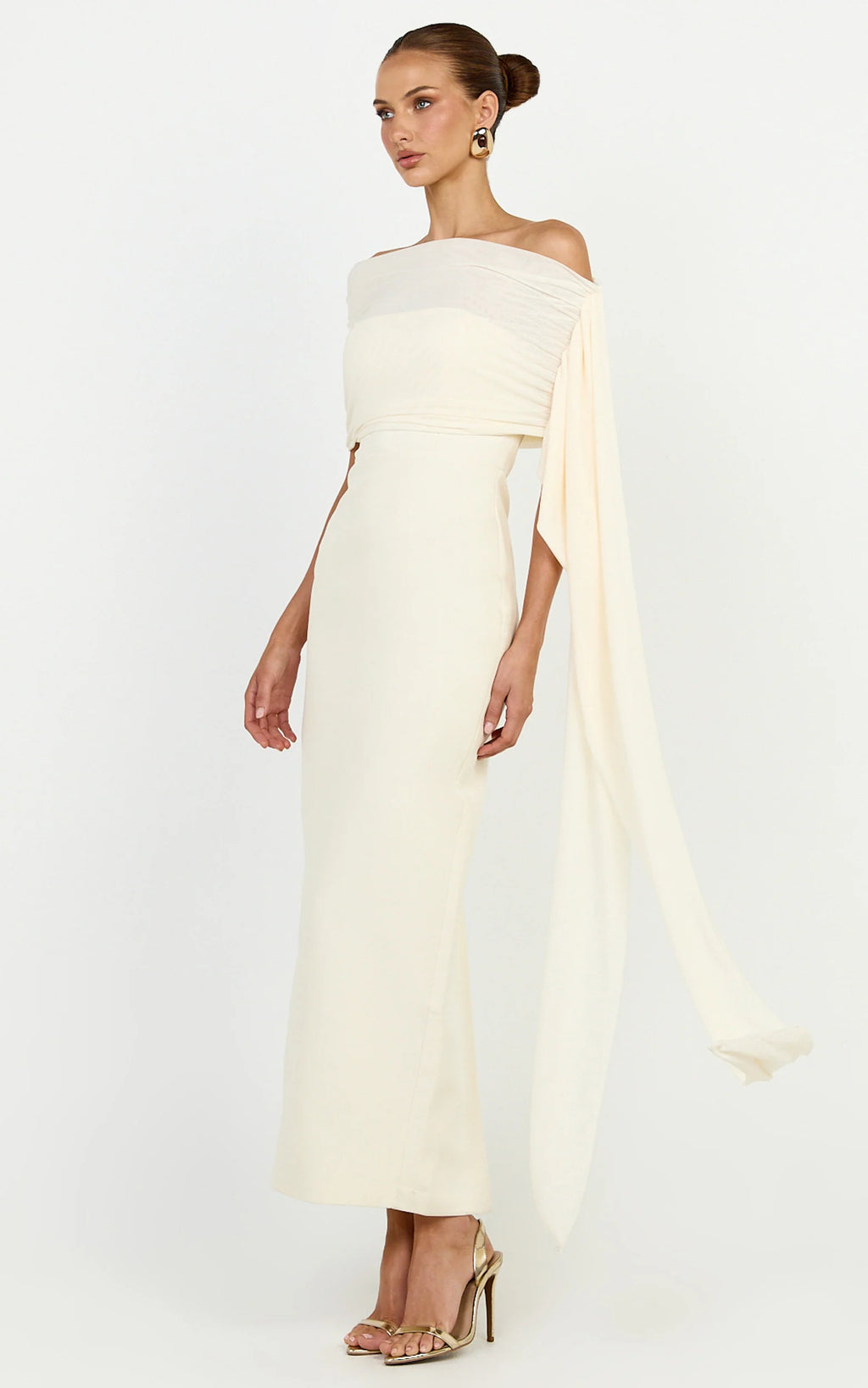 Elina Maxi Dress - Off Shoulder Contrast Mesh Draped Overlay Dress in Cream