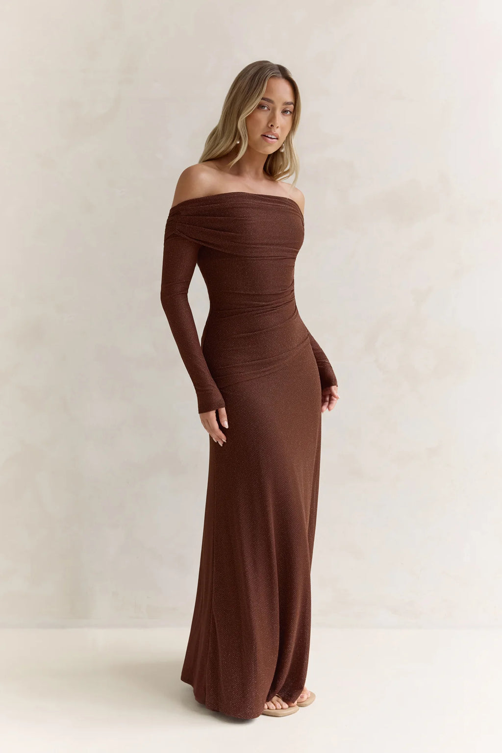 Carmelita Long Sleeve Off Shoulder Maxi Dress Brown