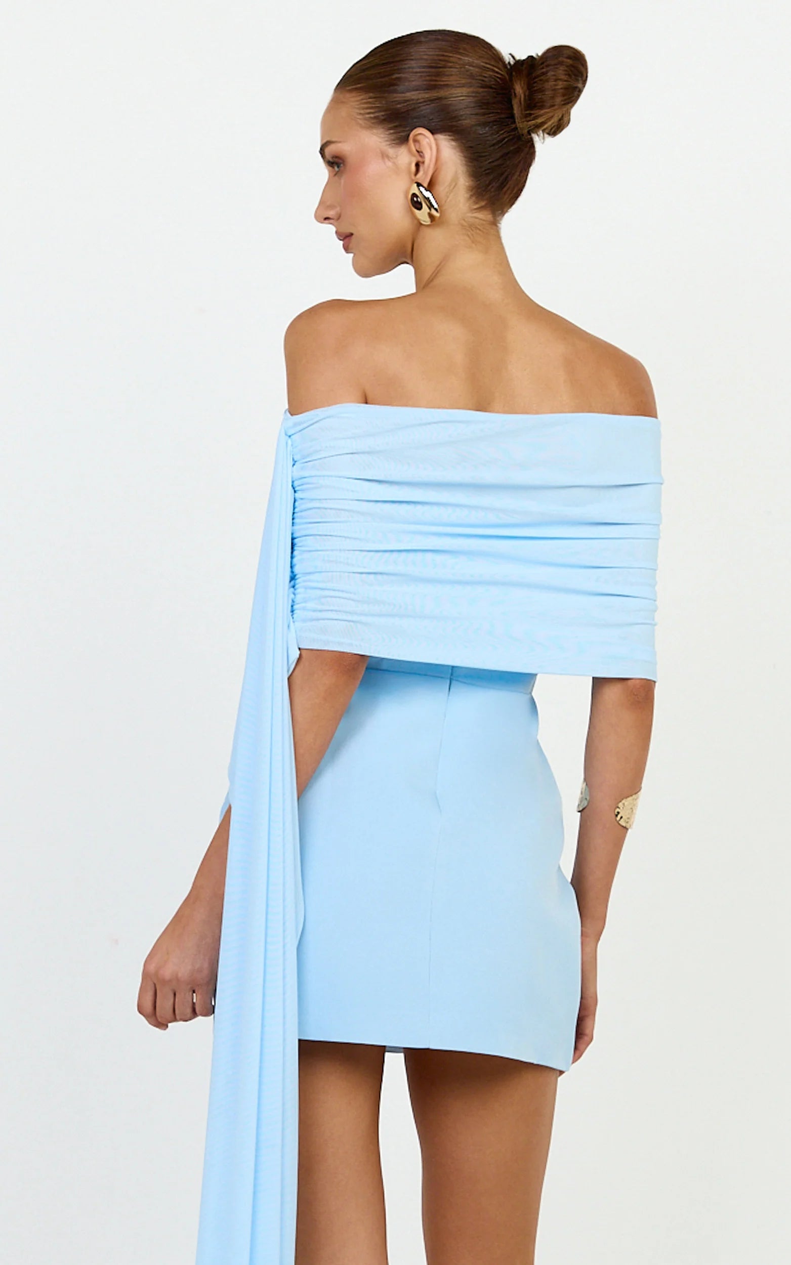 Elina Mini Dress - Off Shoulder Contrast Mesh Draped Overlay Dress in Blue