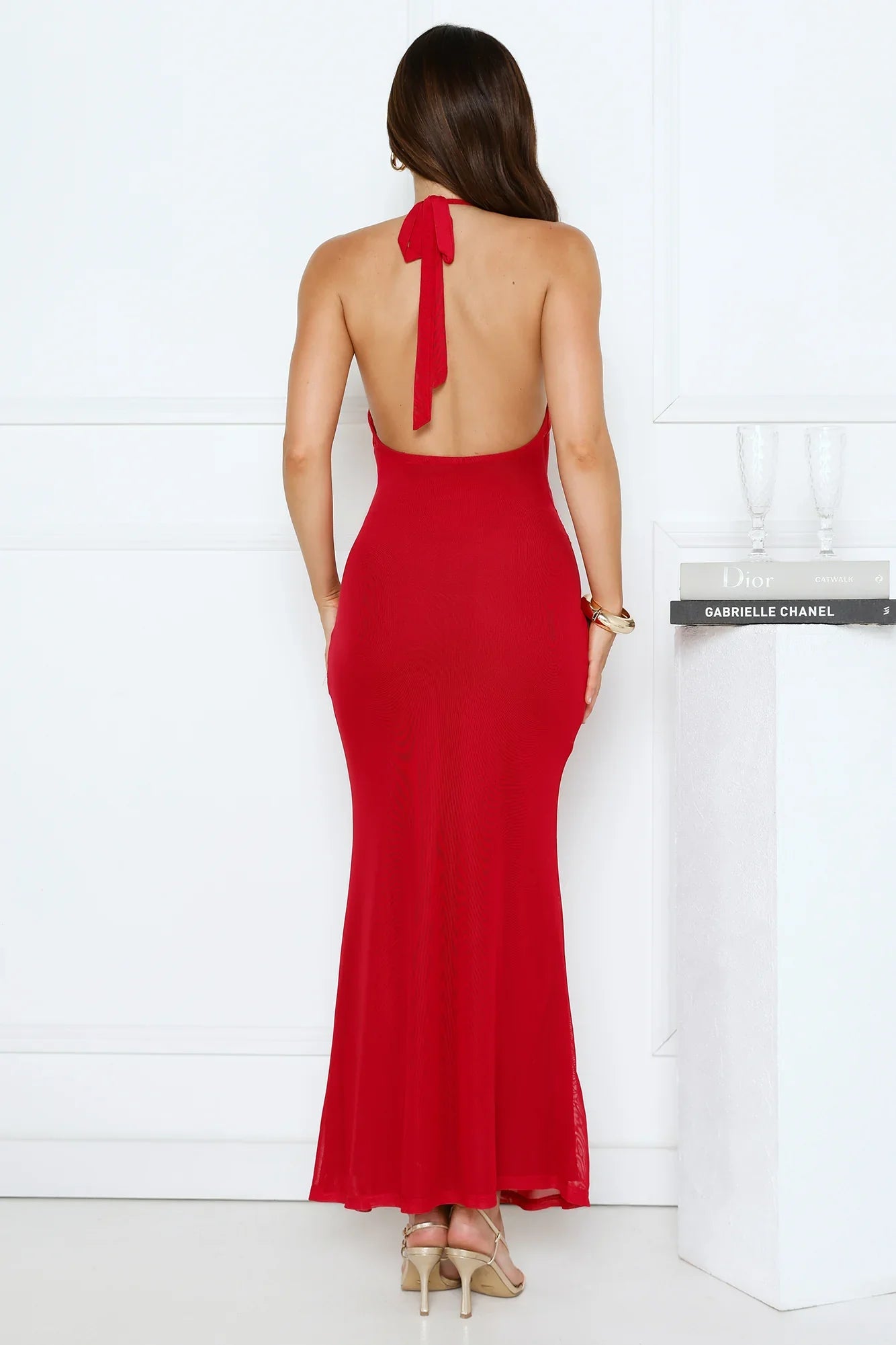 Sleek Bloom Halter Maxi Dress Red