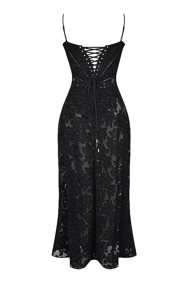 black floral lace back maxi dress
