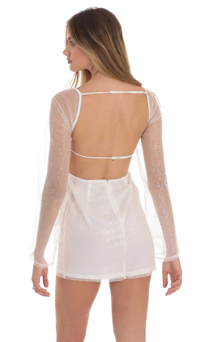 Sequin Flare Sleeve Dress in White