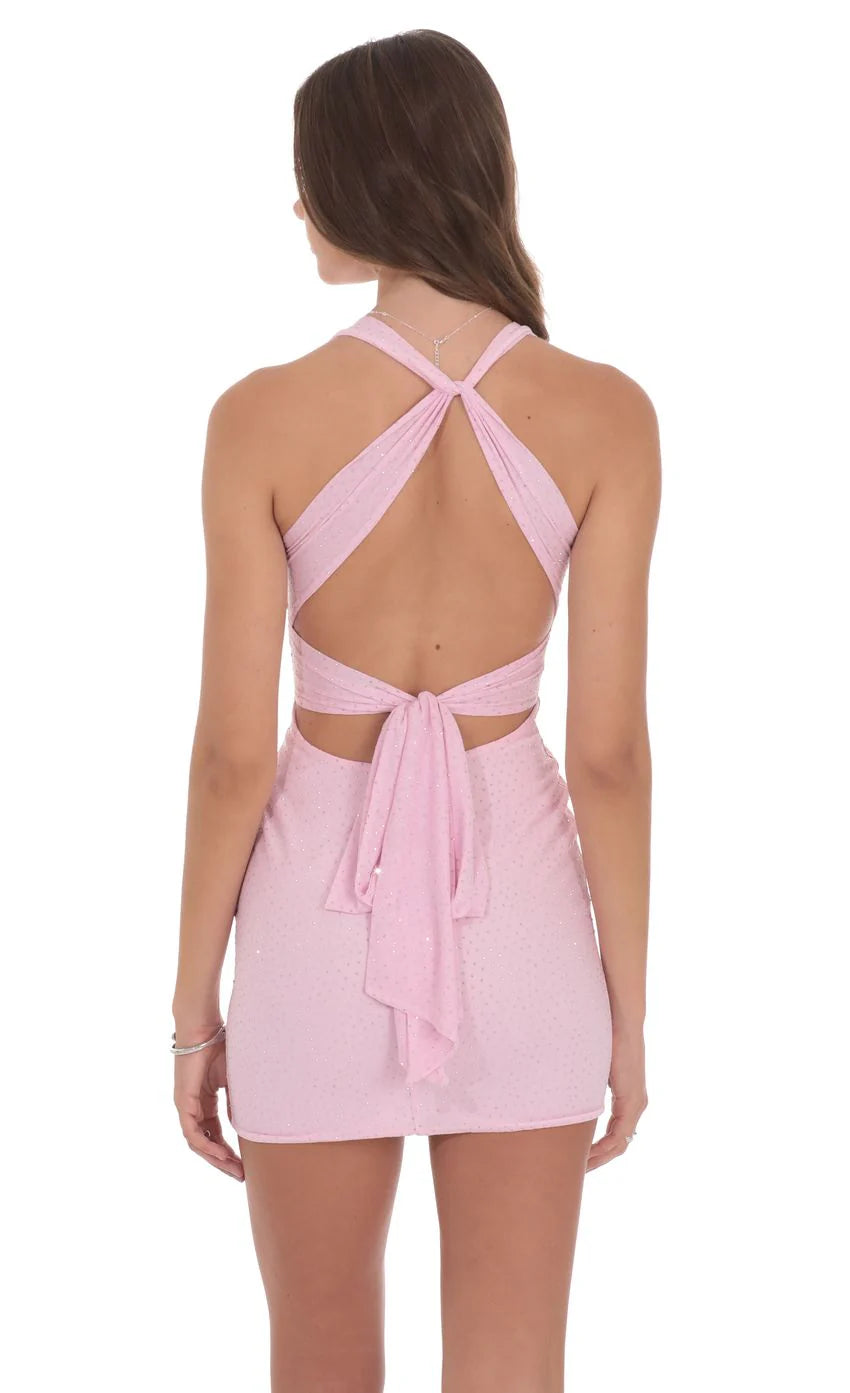 Rhinestone TwistV-Neck Dress in Pink