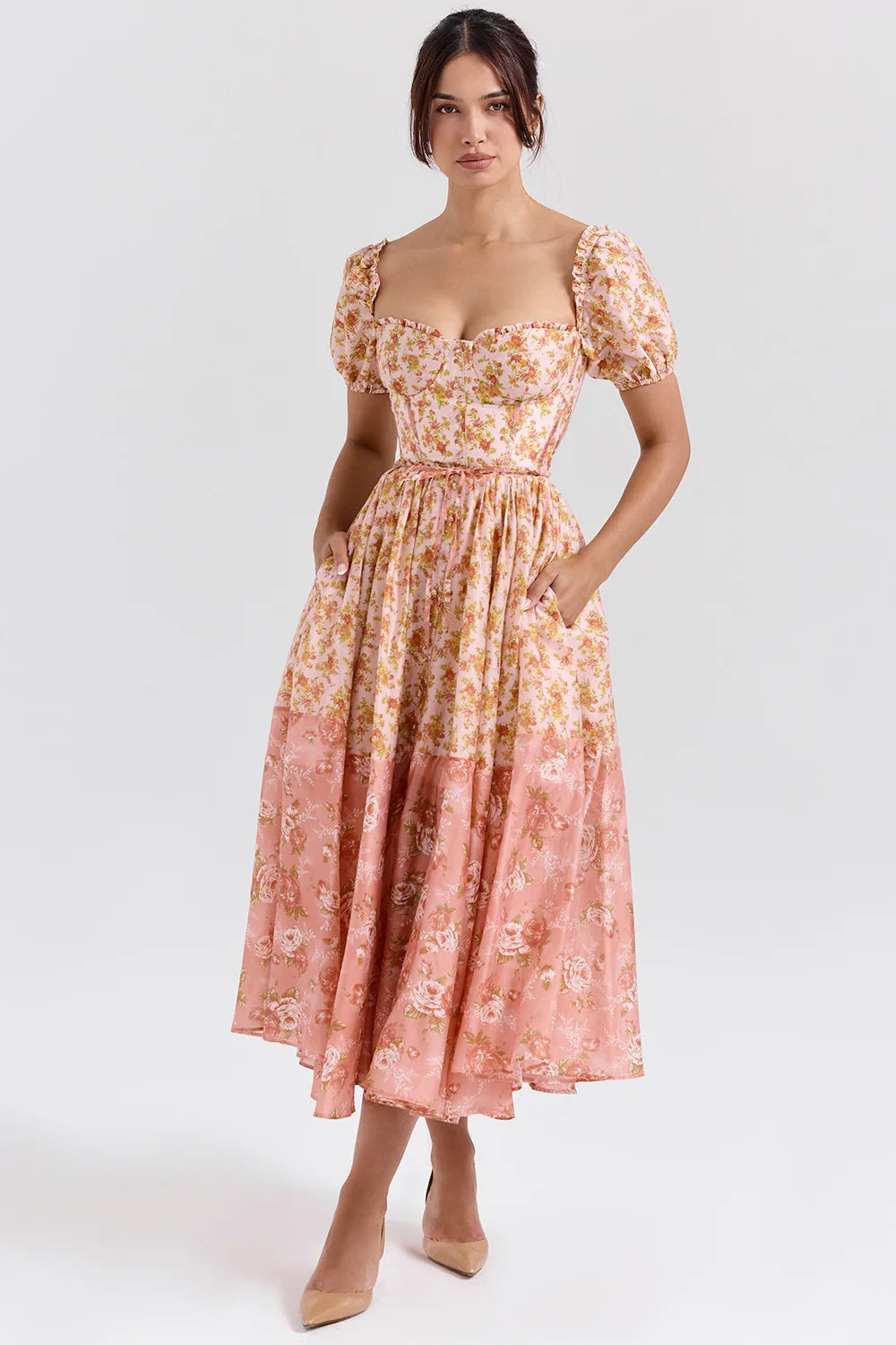 peach poppy print puff sleeve midi sundress