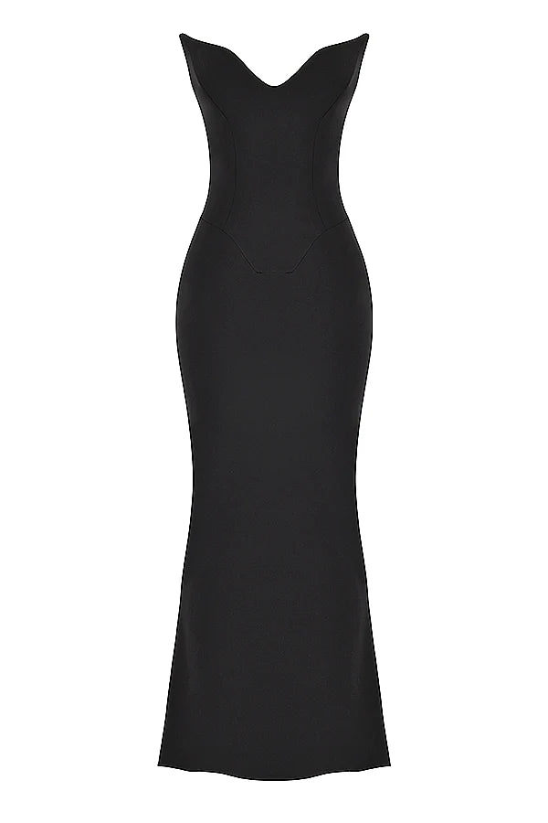 black crepe strapless corset dress
