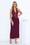 Haute Mode Mesh Halter Maxi Dress Plum