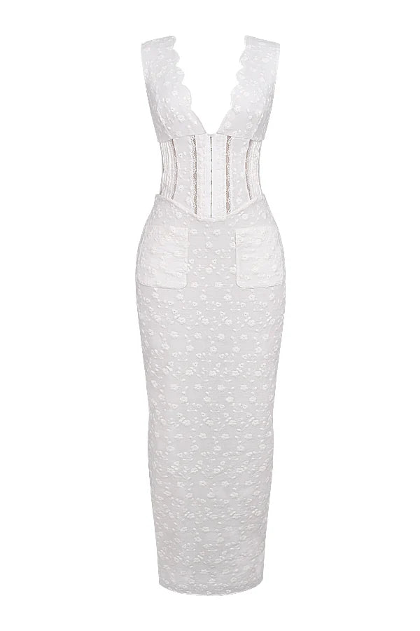 white cotton broderie anglais plunge maxi dress