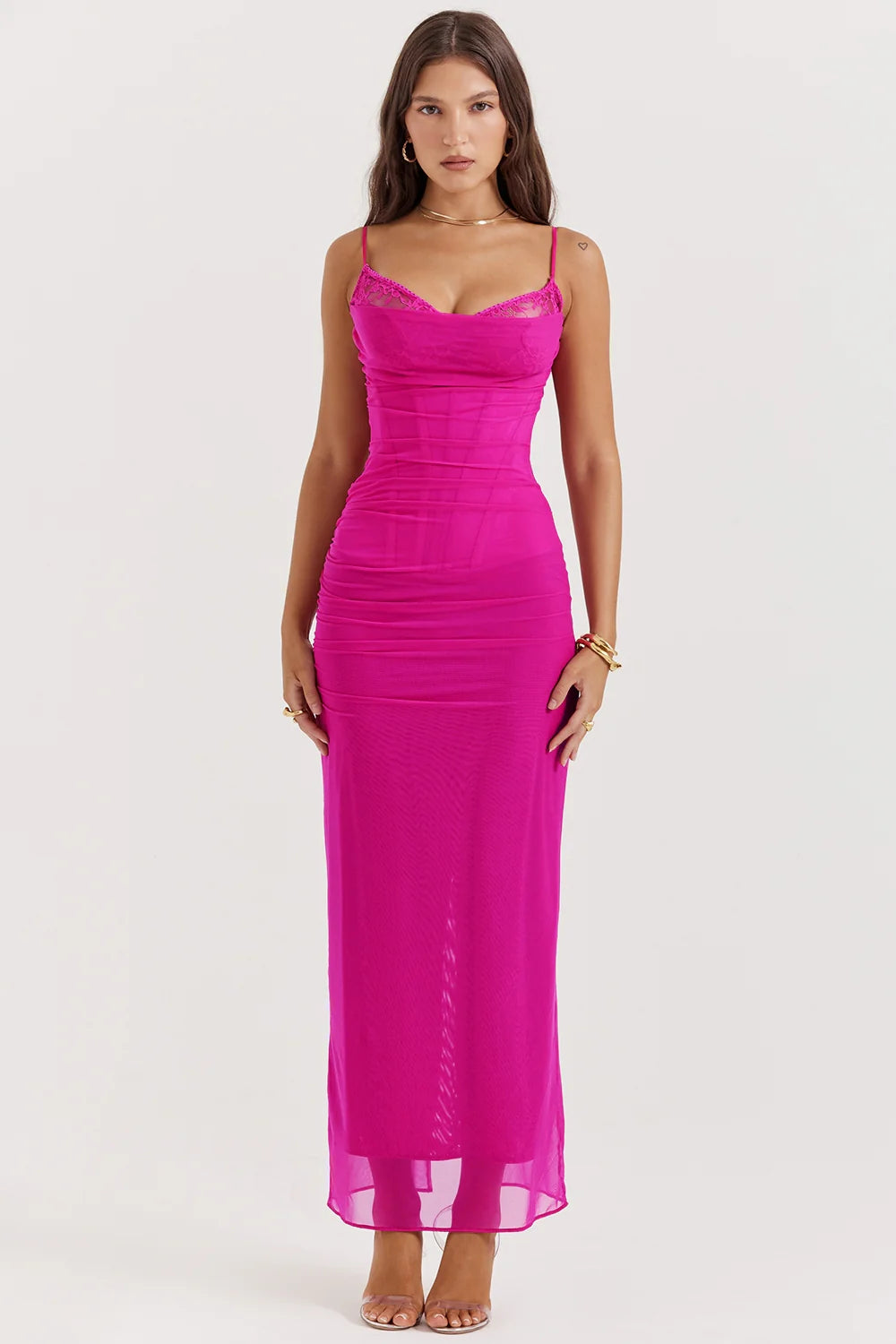 fuchsia stretch mesh maxi dress