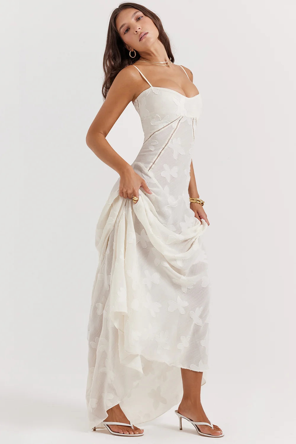 vintage cream floral lace back maxi dress