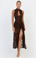 Nyla Midi Dress - Collared Keyhole Hip Tie Dress in Chocolate