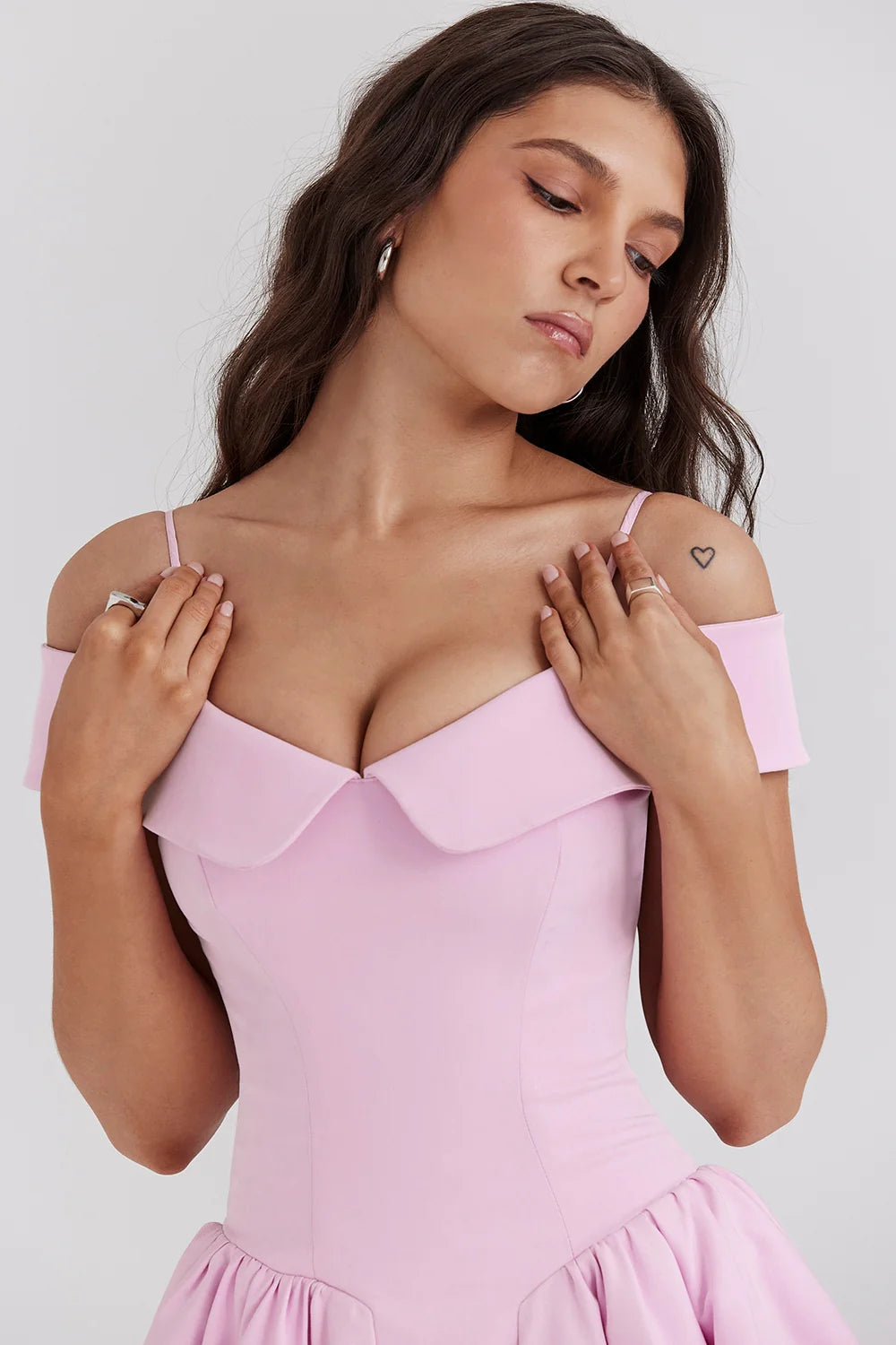 cotton candy twill off shoulder mini dress