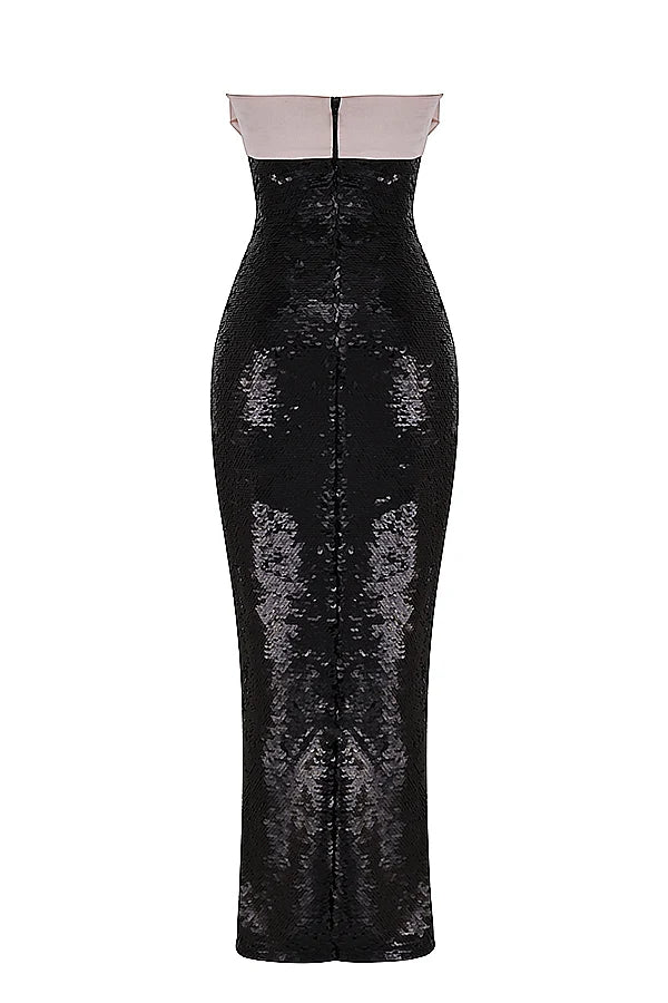 black sequin strapless bow dress