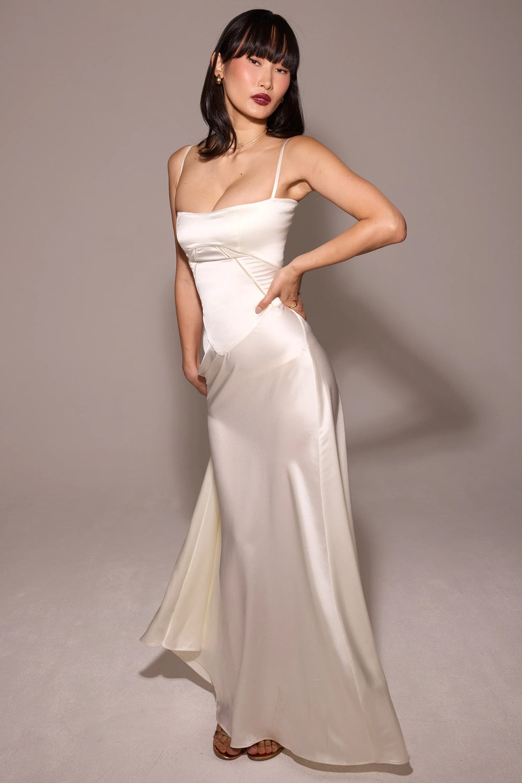 ivory satin lace up maxi dress