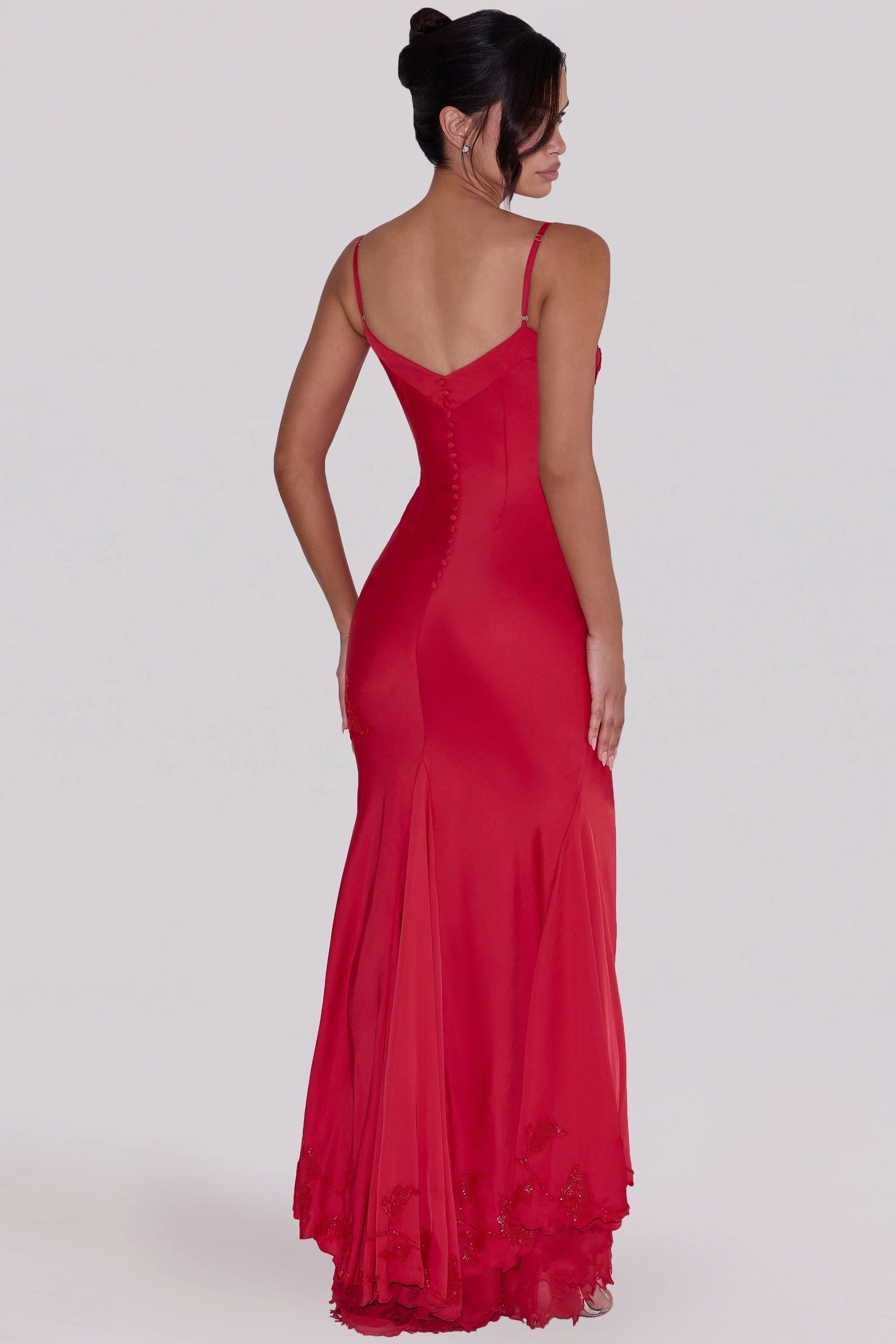 red hand beaded embellished satin maxi dress - limited edition
