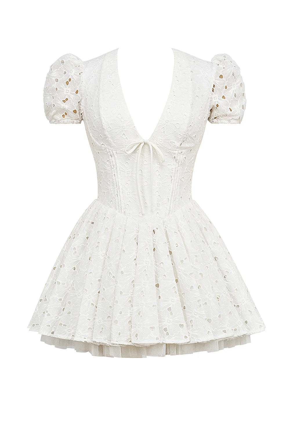 white pleated broderie anglais mini dress