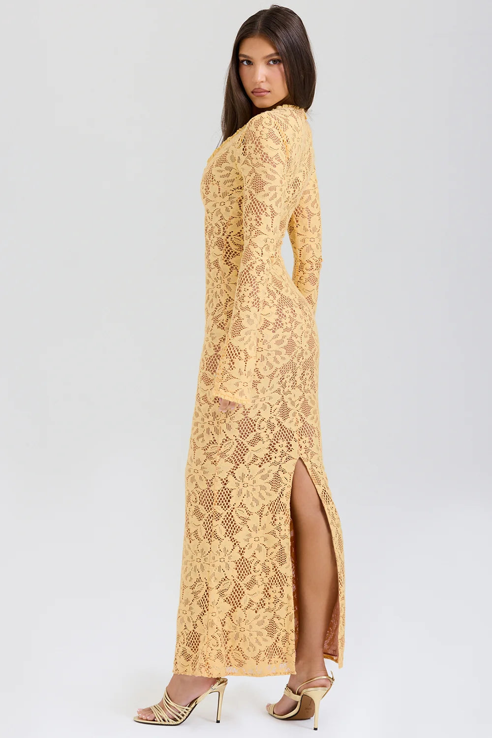 apricot plunge lace maxi dress