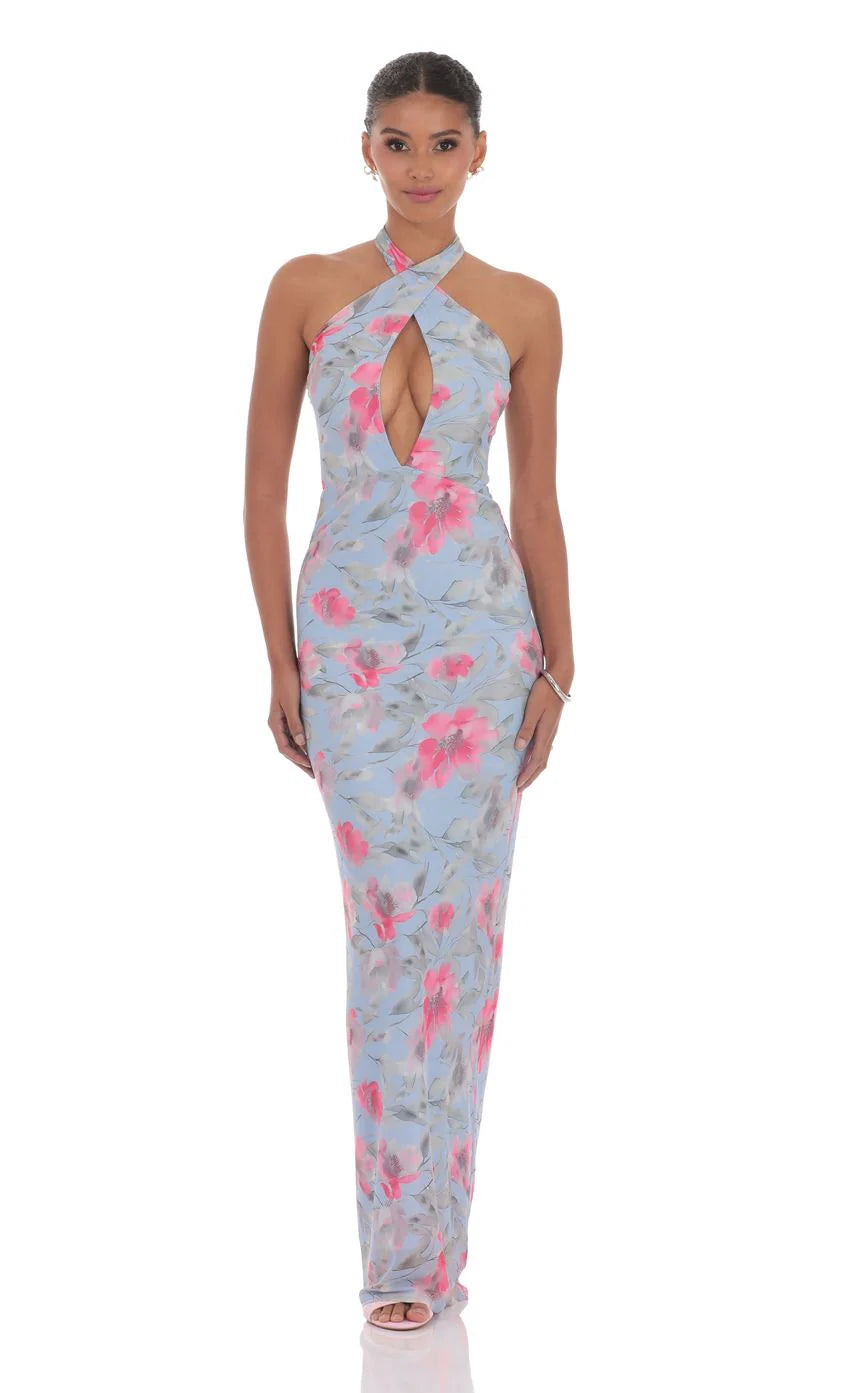 Floral Cutout Halter Maxi Dress in Blue
