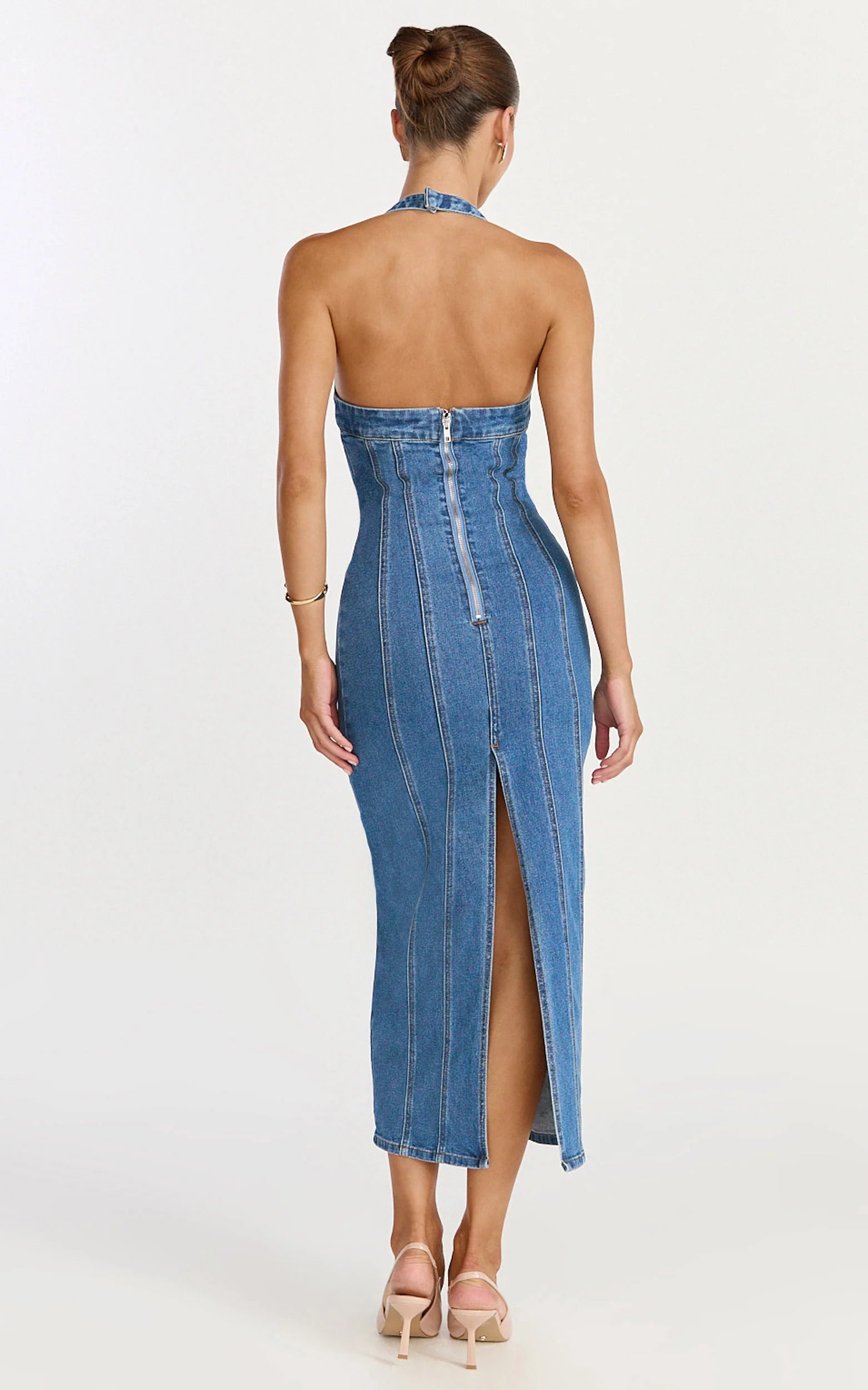 Skye Midi Dress - Halter Neck Panelled Denim Dress in Mid Blue Wash