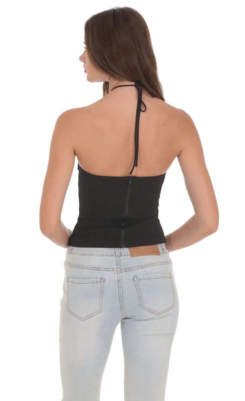 Rhinestone Rosette Top in Black