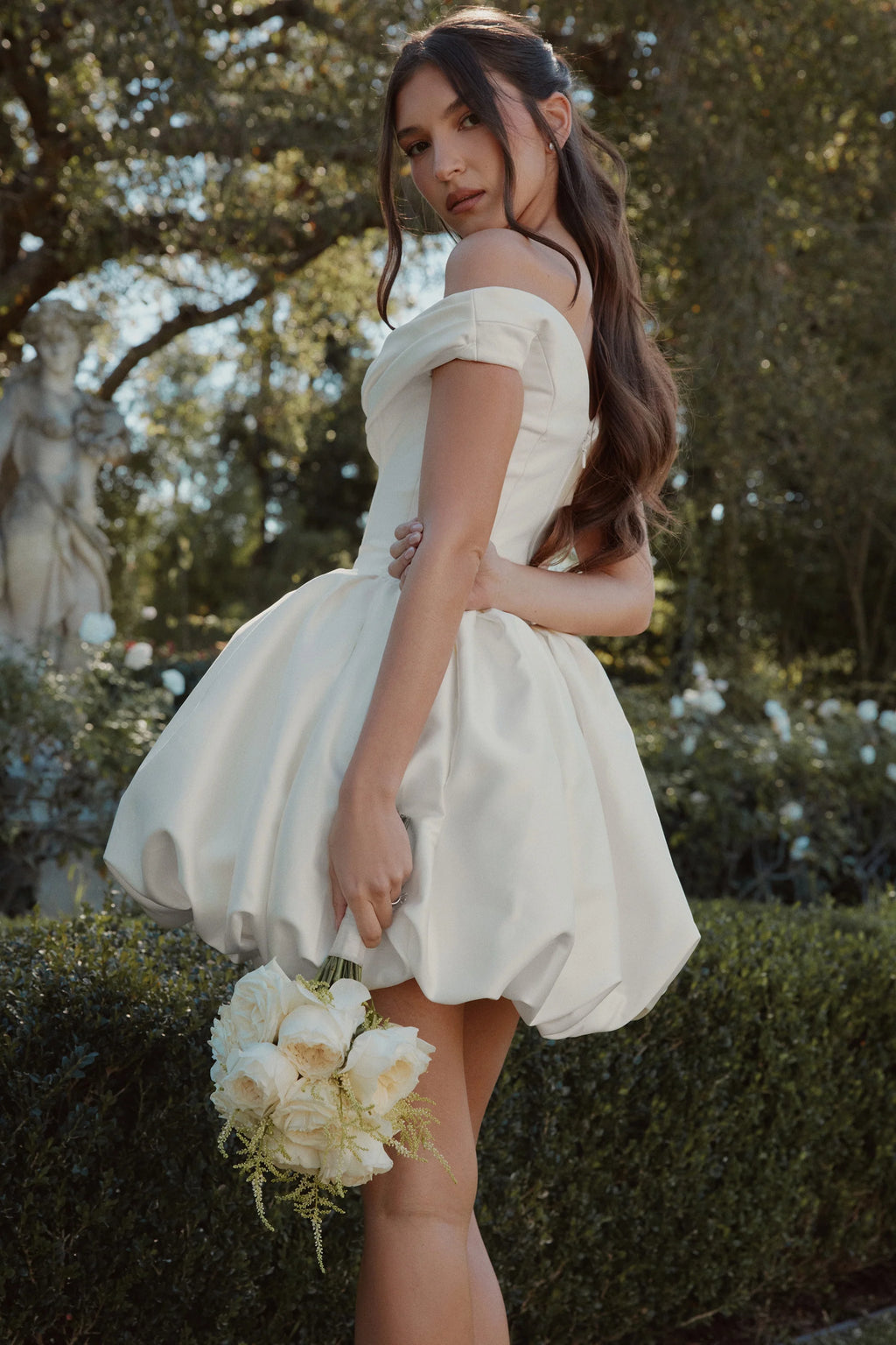 ivory satin off shoulder mini bridal gown