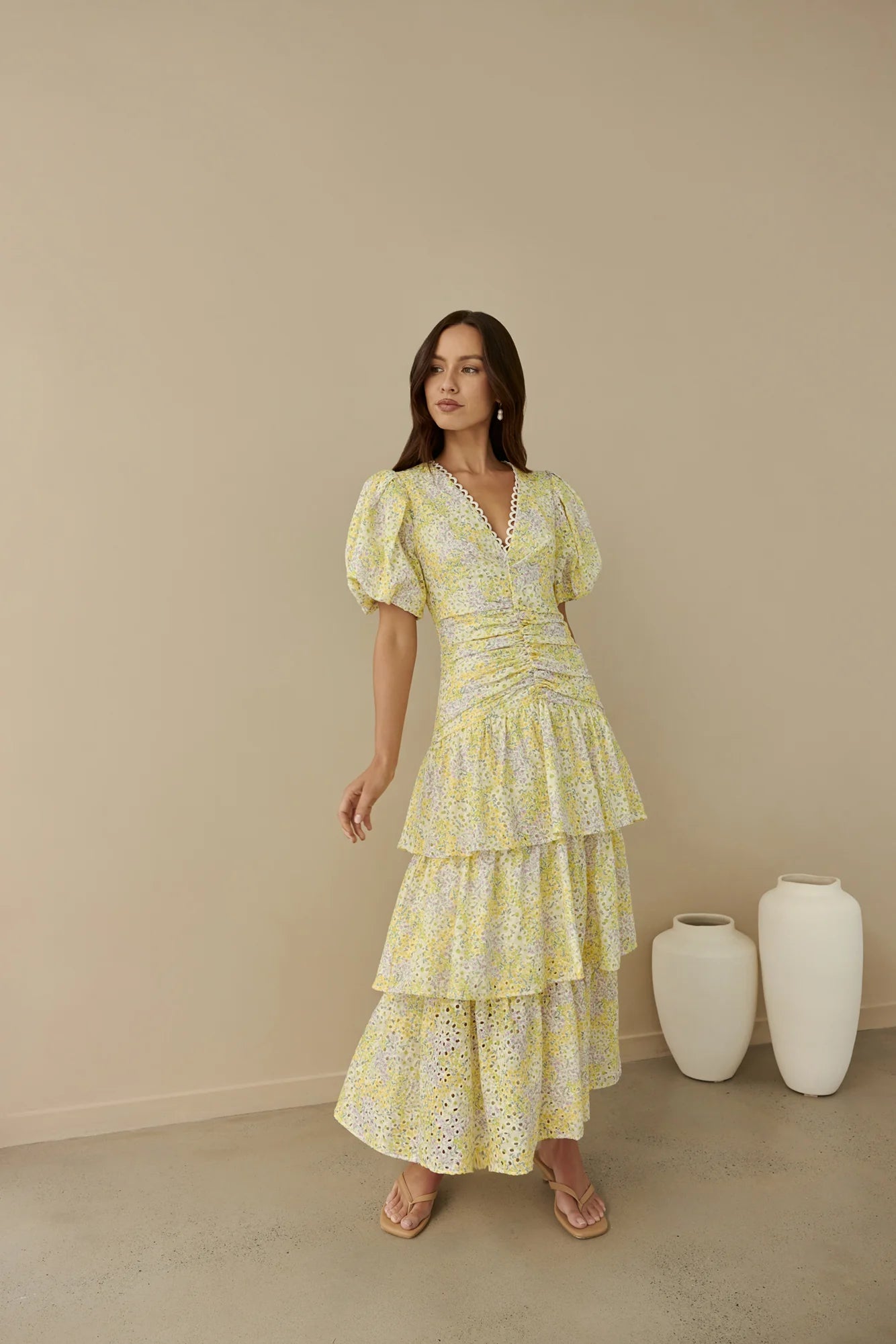 Corinna Tiered Maxi Dress Lemon