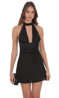 Satin Choker Cowl Neck Dress in Black