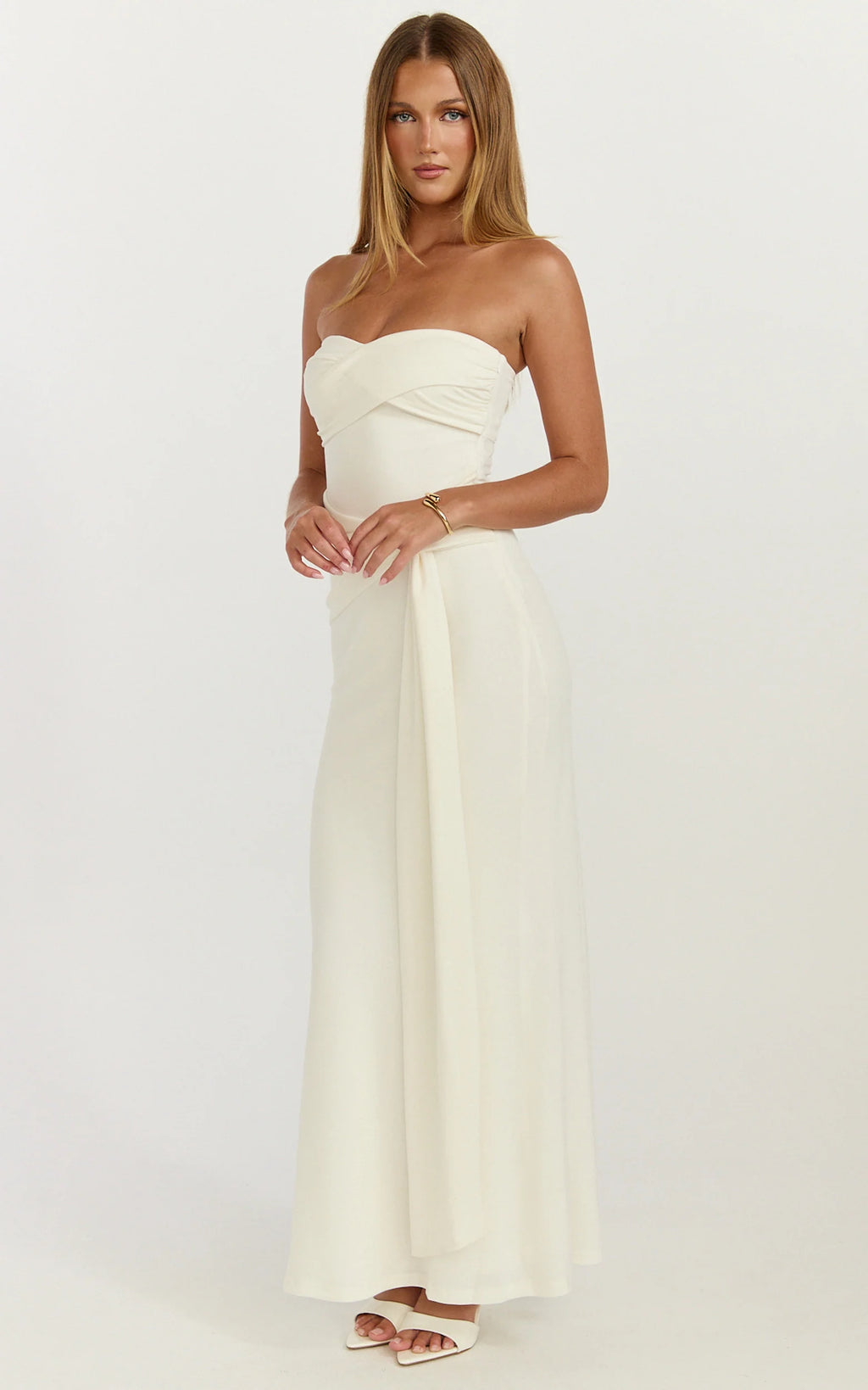 Aria Midi Dress - Strapless Tie Waist Dress in Off White