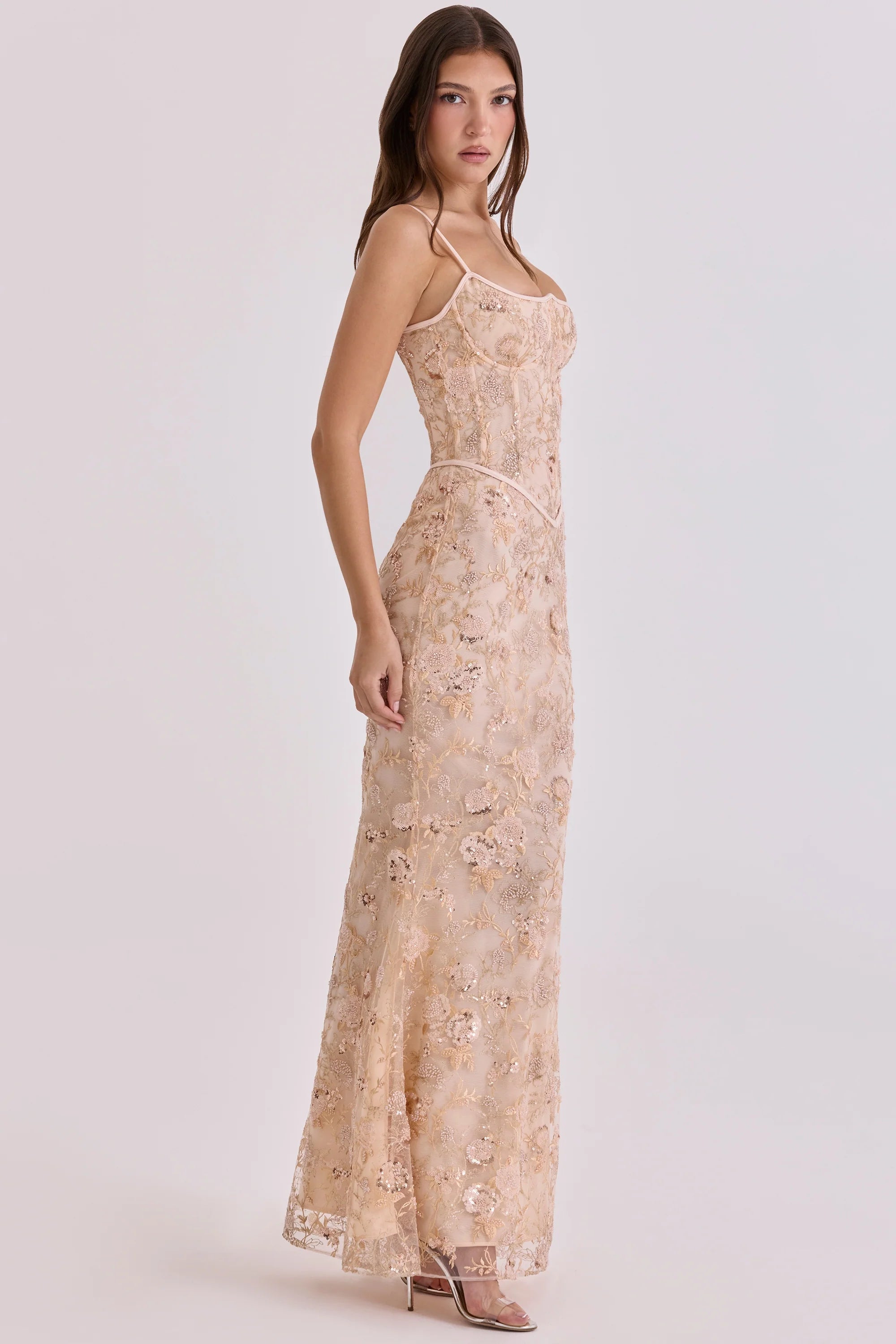 peach hand beaded embellished corset maxi dress - limited edition