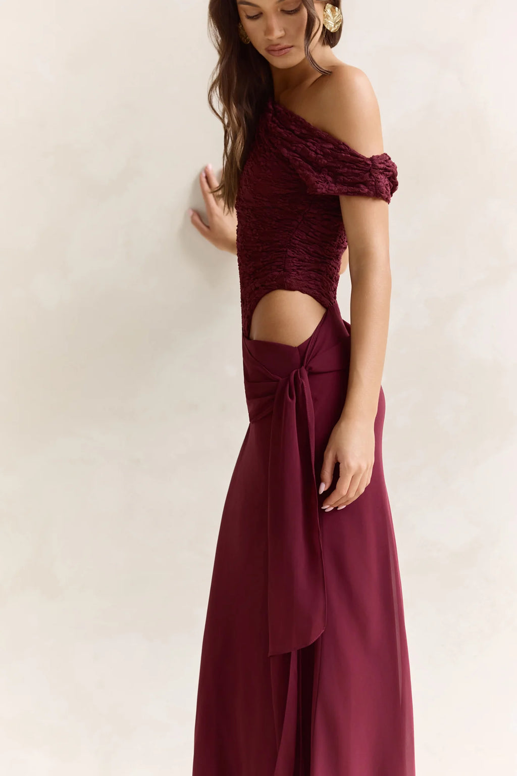 Modernity Mesh Off Shoulder Maxi Dress Burgundy