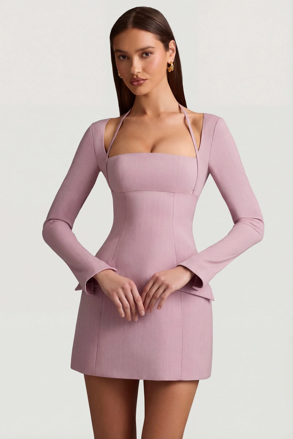 Pinstripe Structured A-Line Mini Dress in Mauve