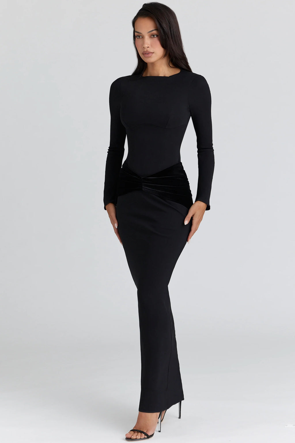 black long sleeve crepe jersey maxi dress