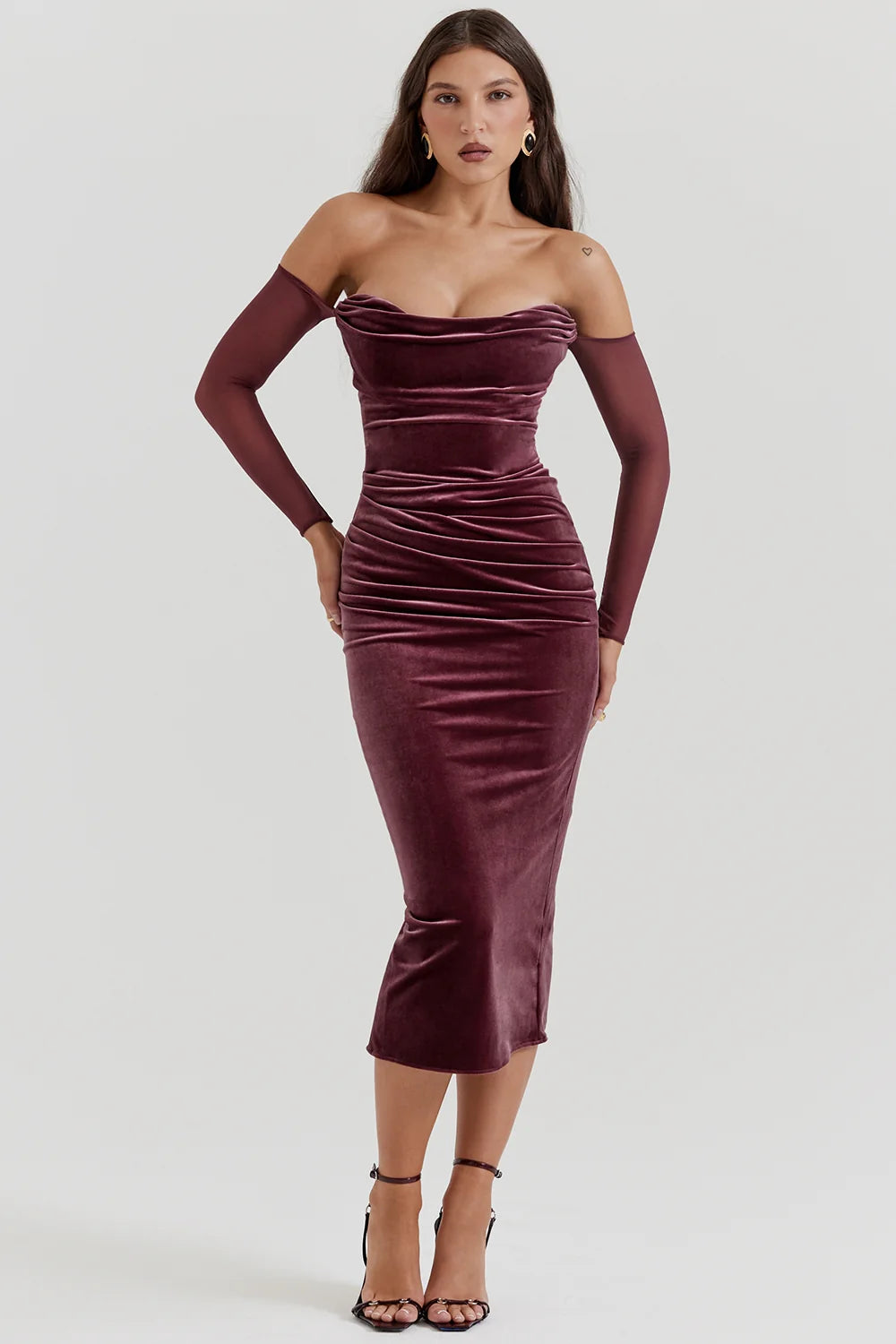 mulberry strapless midi dress