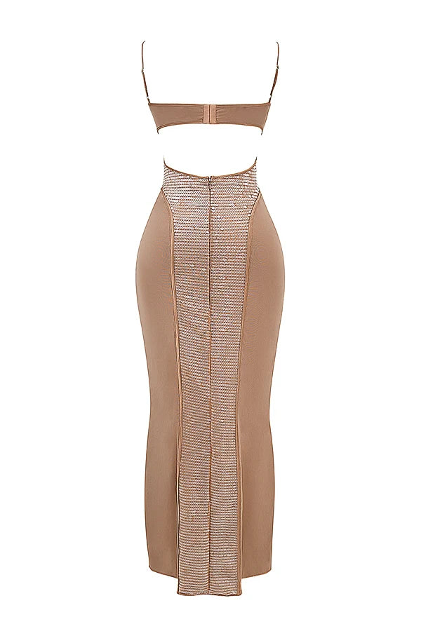 cafe au lait sequin maxi dress