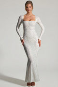 Embellished Long-Sleeve Fishtail Maxi Dress in White