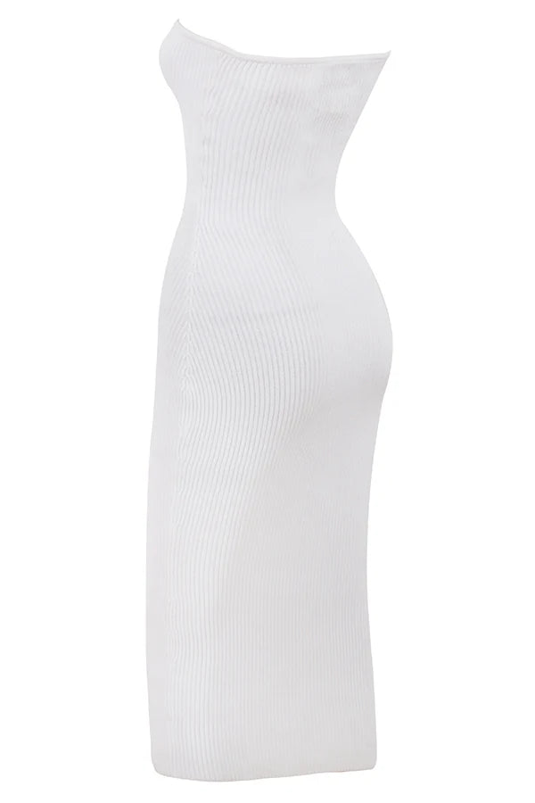white ribbed knit strapless midi dress