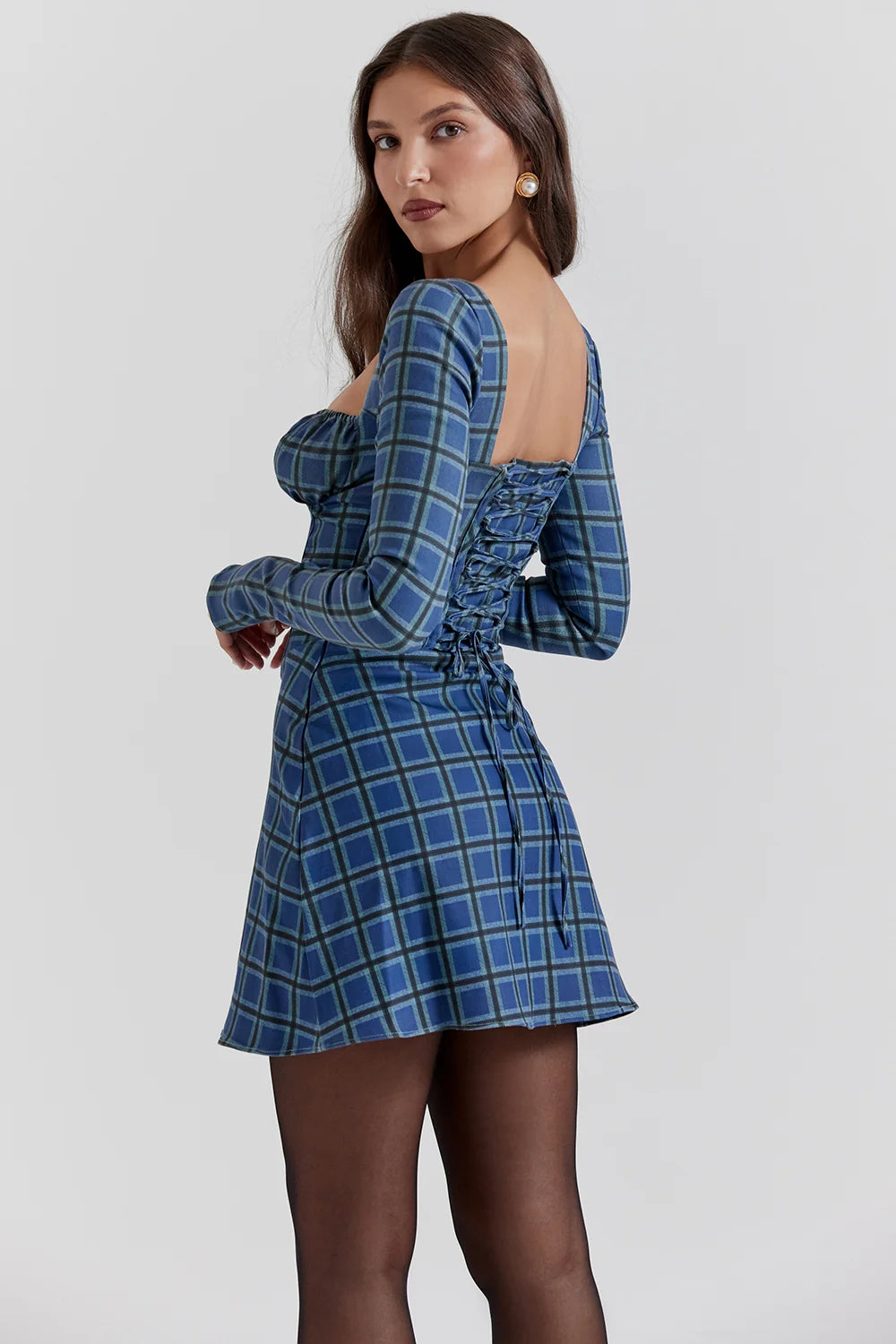 blue tartan corset mini dress