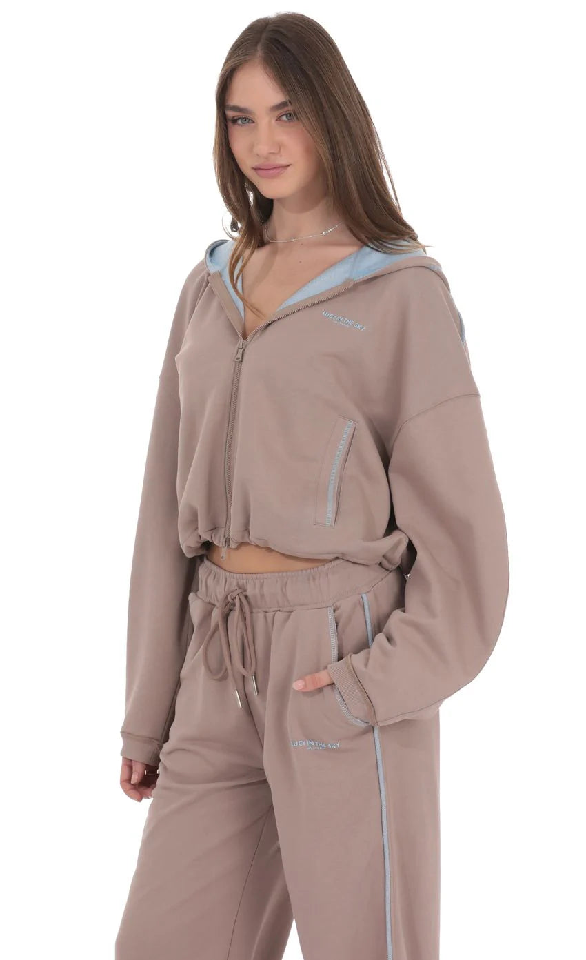Two-Toned Cropped Hoodie in Taupe