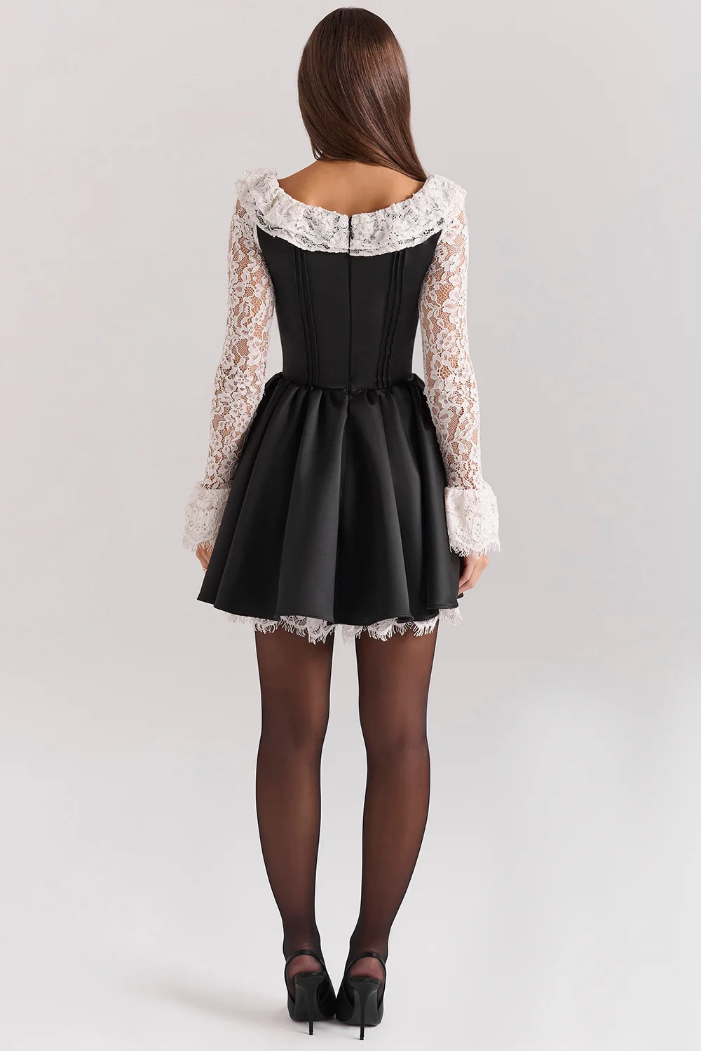 black lace ruffle mini dress - sale