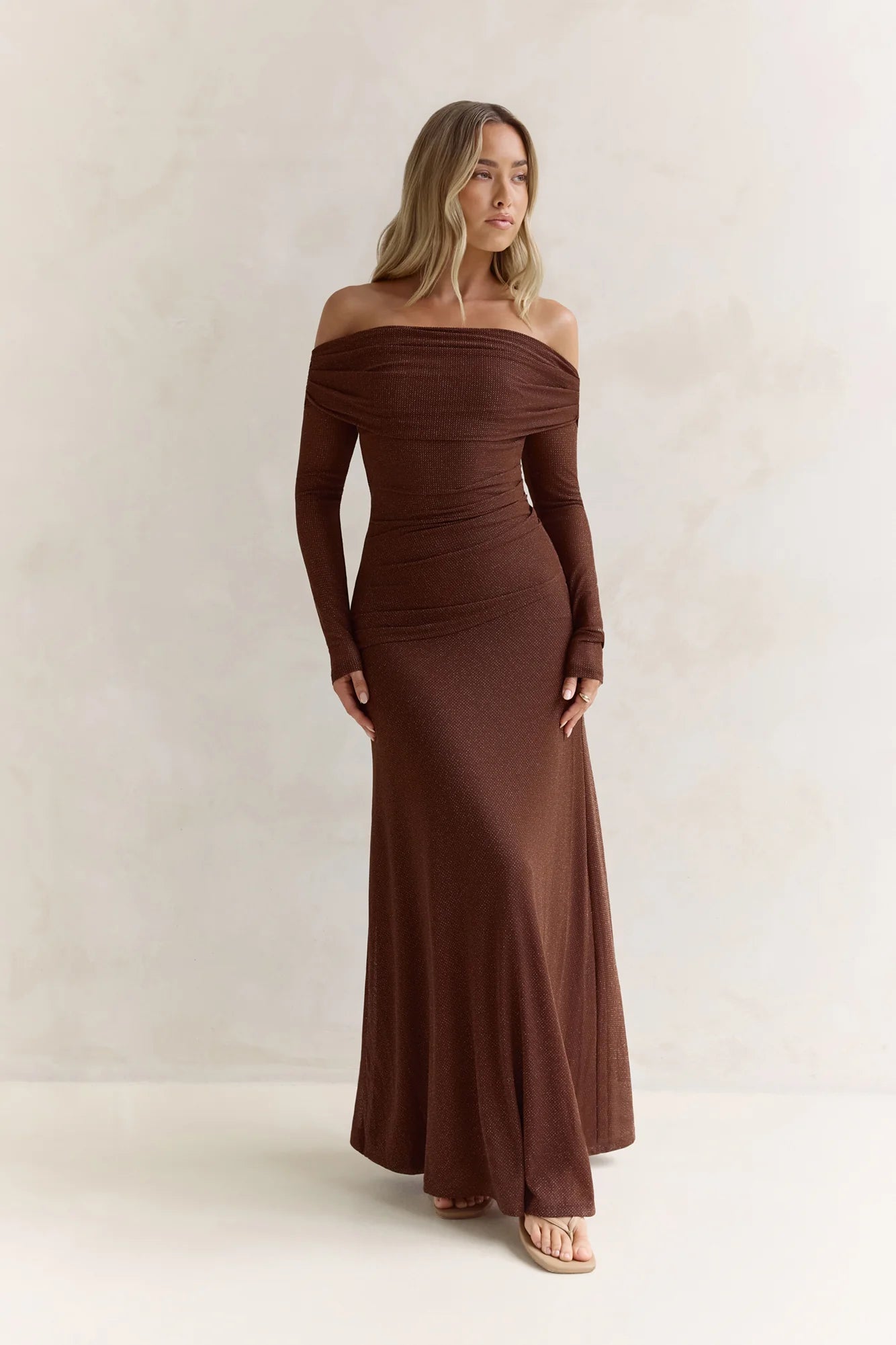 Carmelita Long Sleeve Off Shoulder Maxi Dress Brown