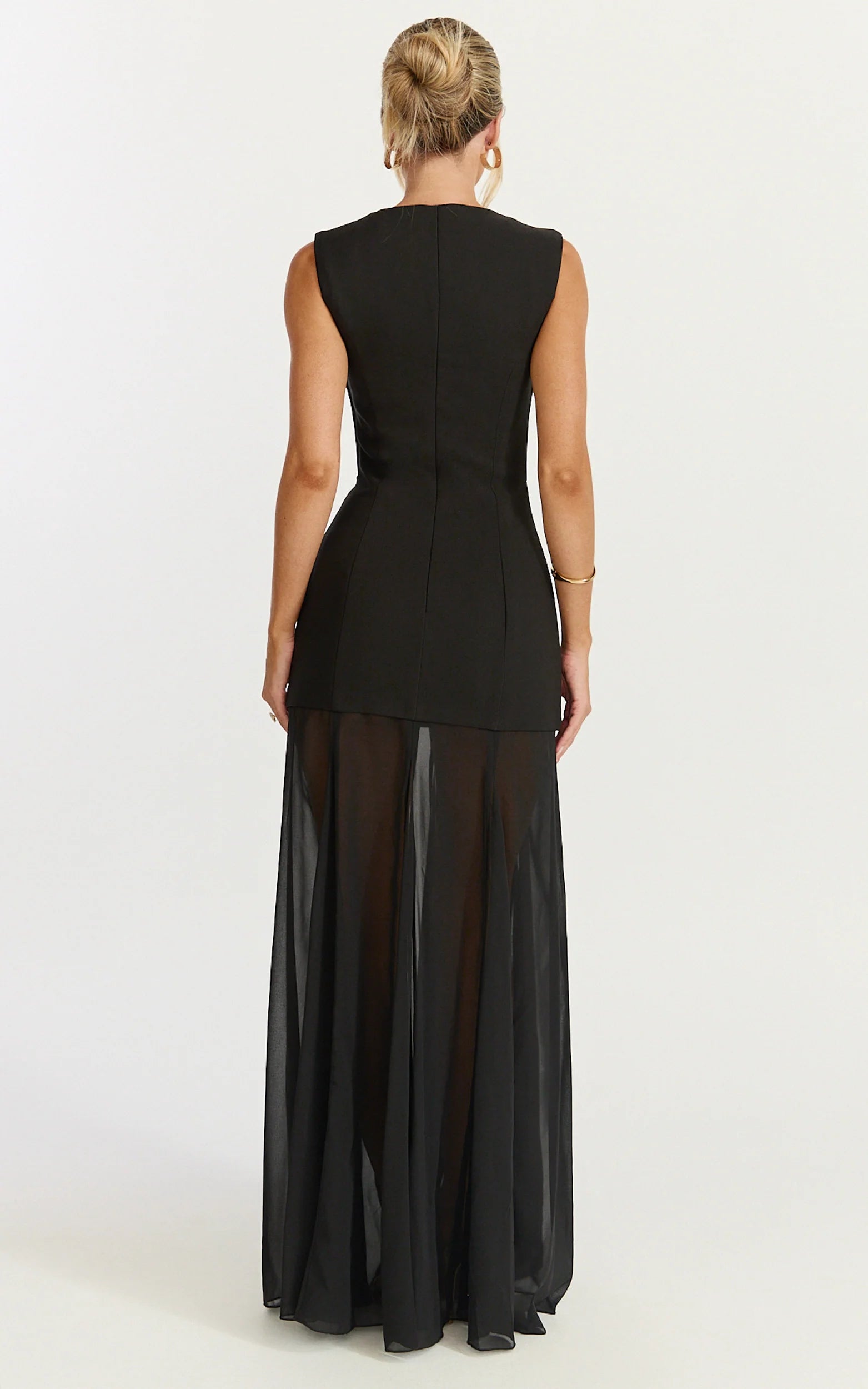 Frances Maxi Dress - Contrast U Neck Godet A Line Dress in Black