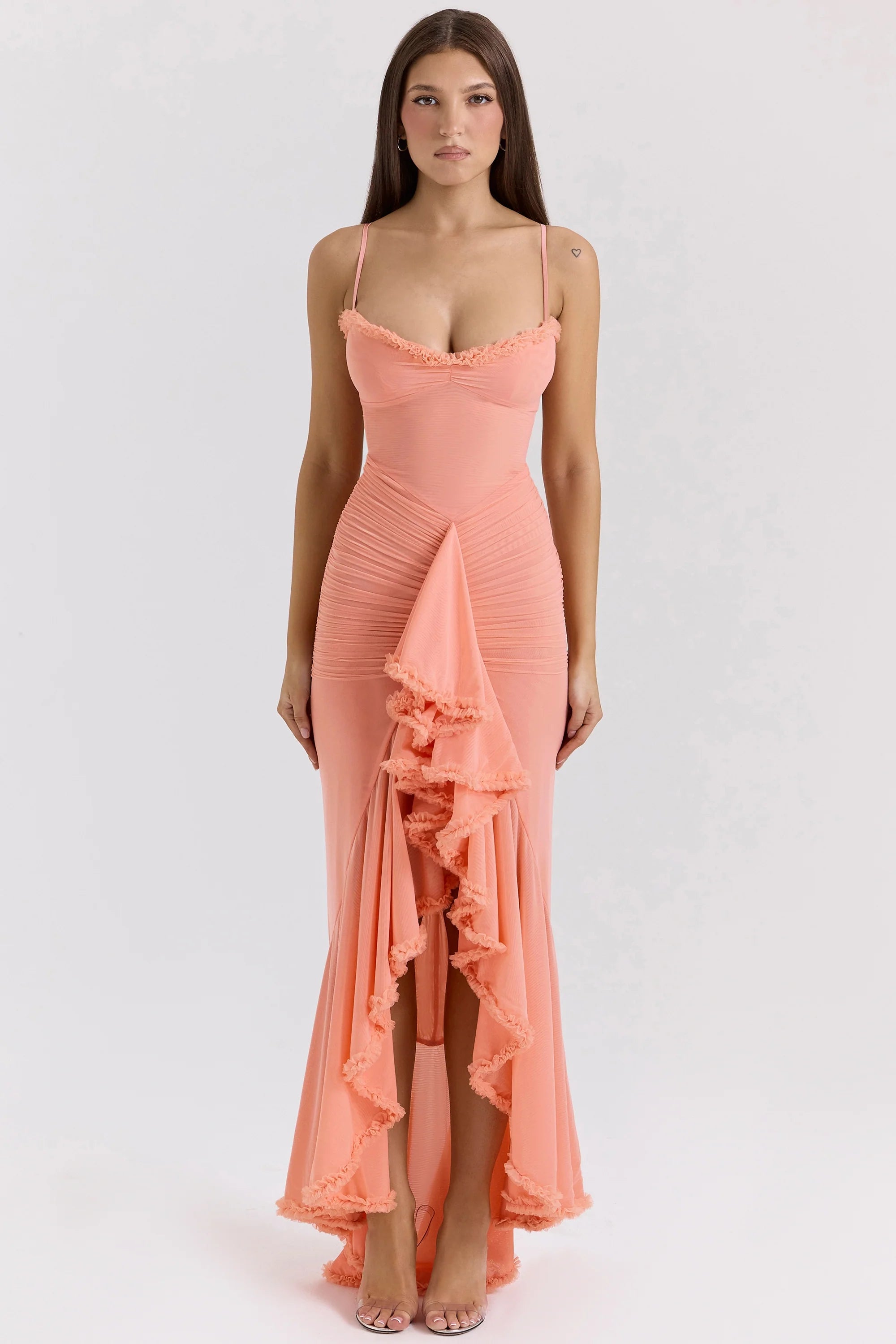 peach mesh ruffled front gown