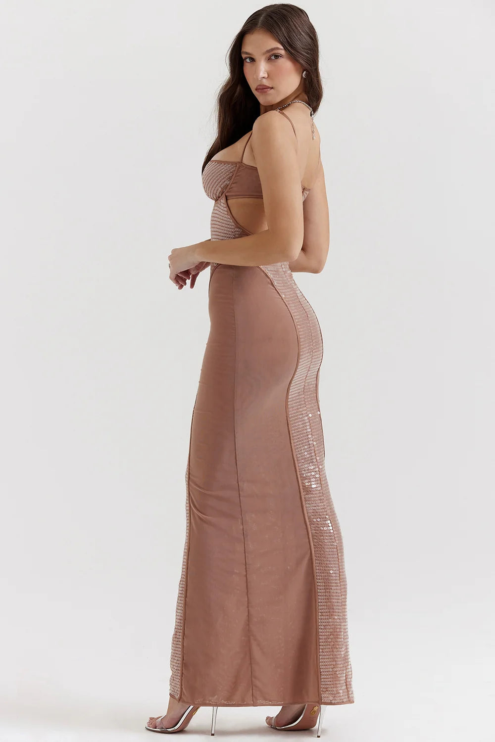 cafe au lait sequin maxi dress