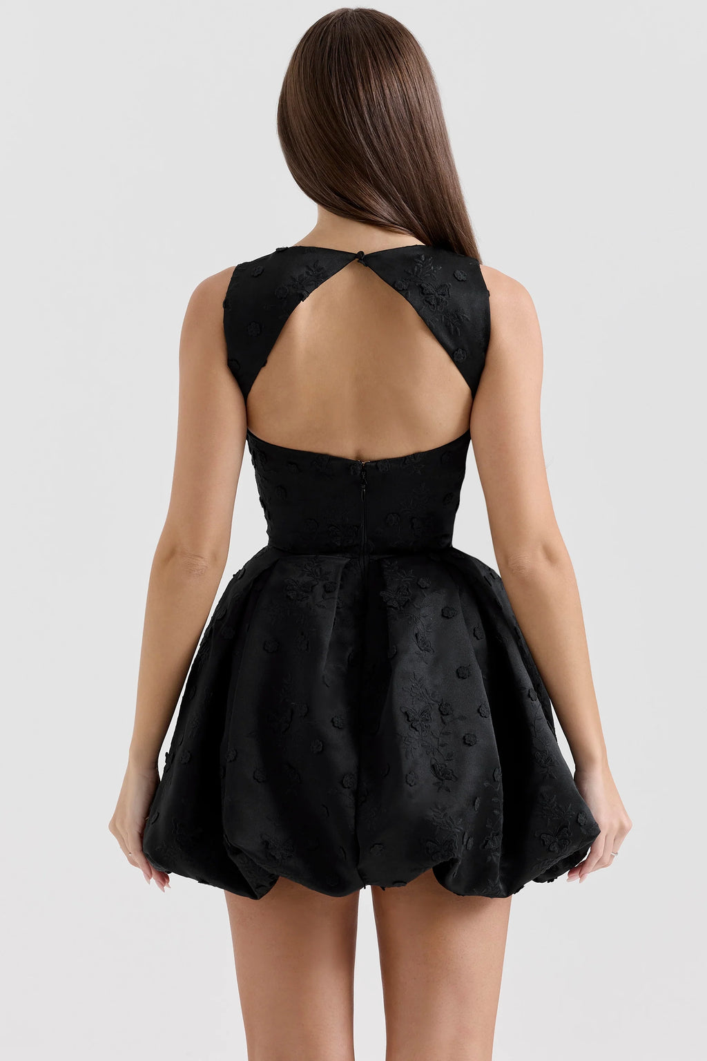 black backless embroidered mini puffball dress