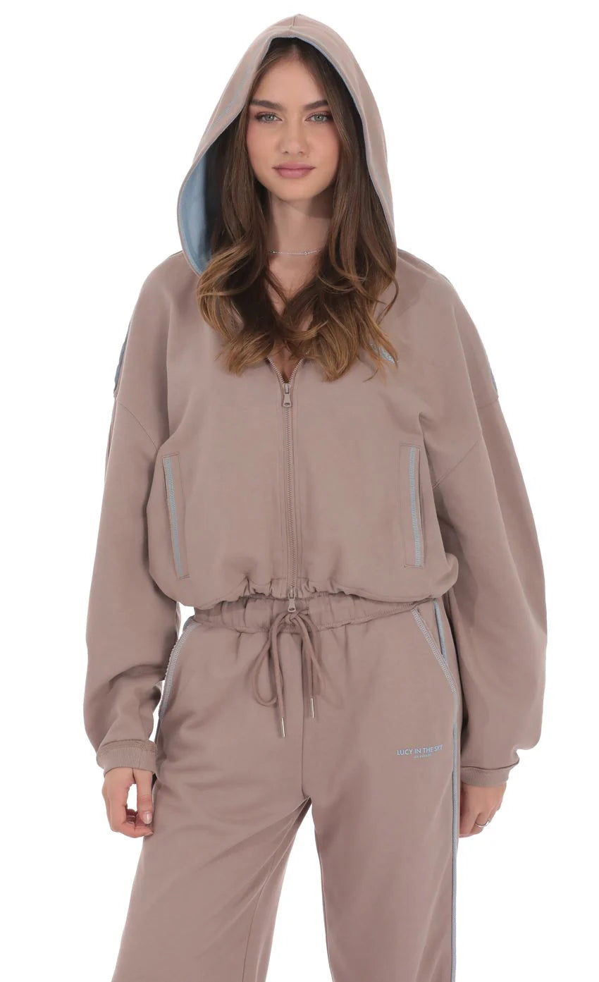 Two-Toned Cropped Hoodie in Taupe