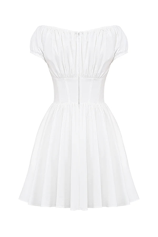 white cotton gathered mini dress