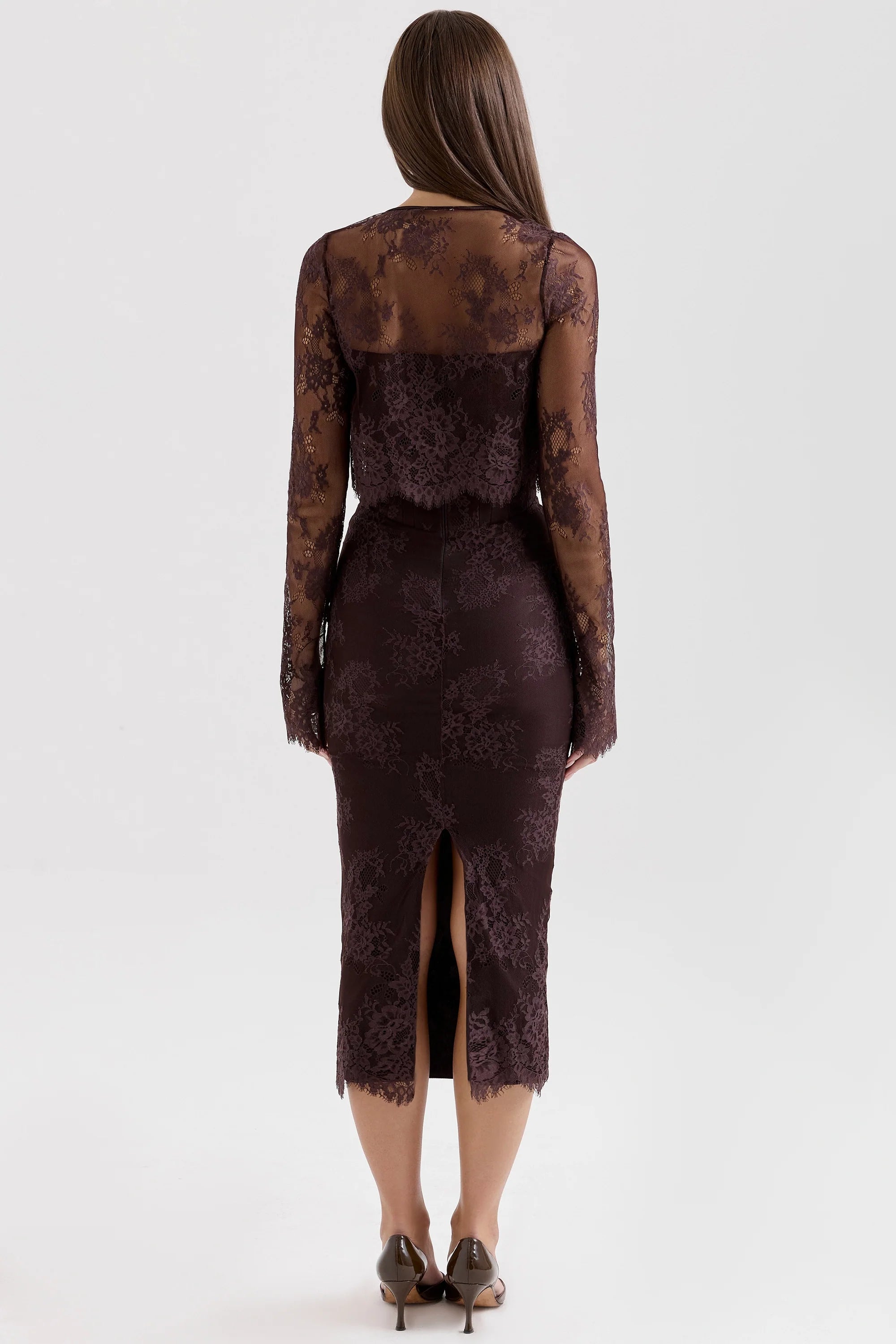 bitter chocolate lace corset midi dress & bolero