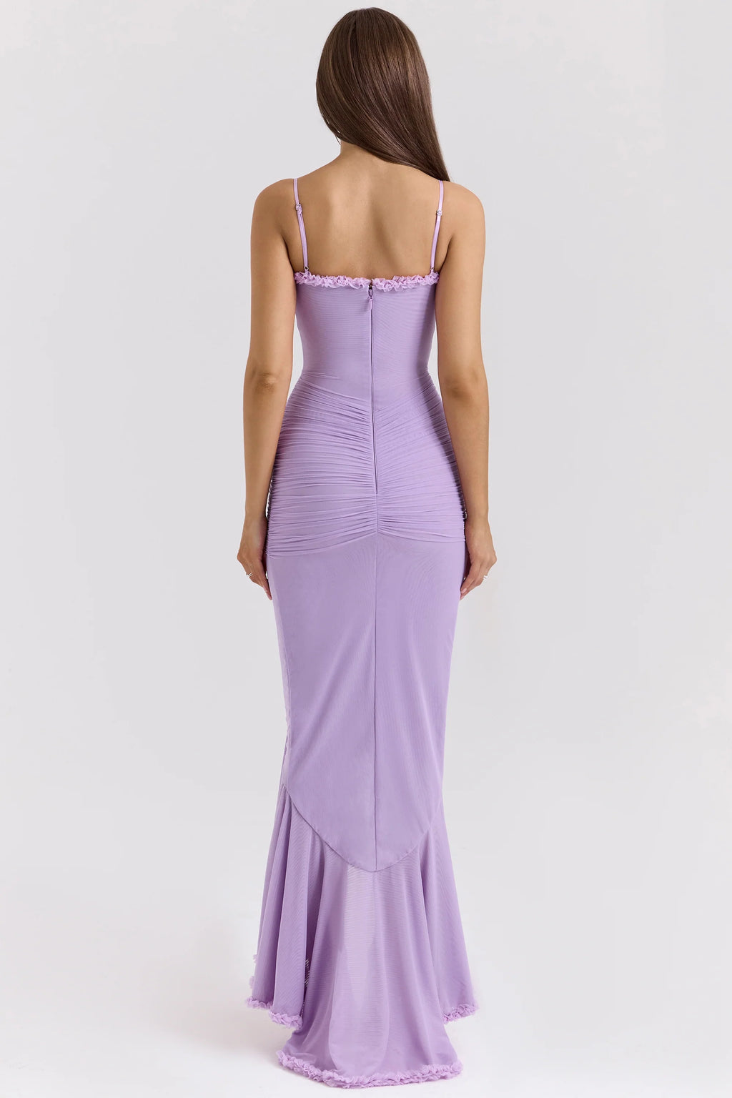 orchid mesh ruffled front gown