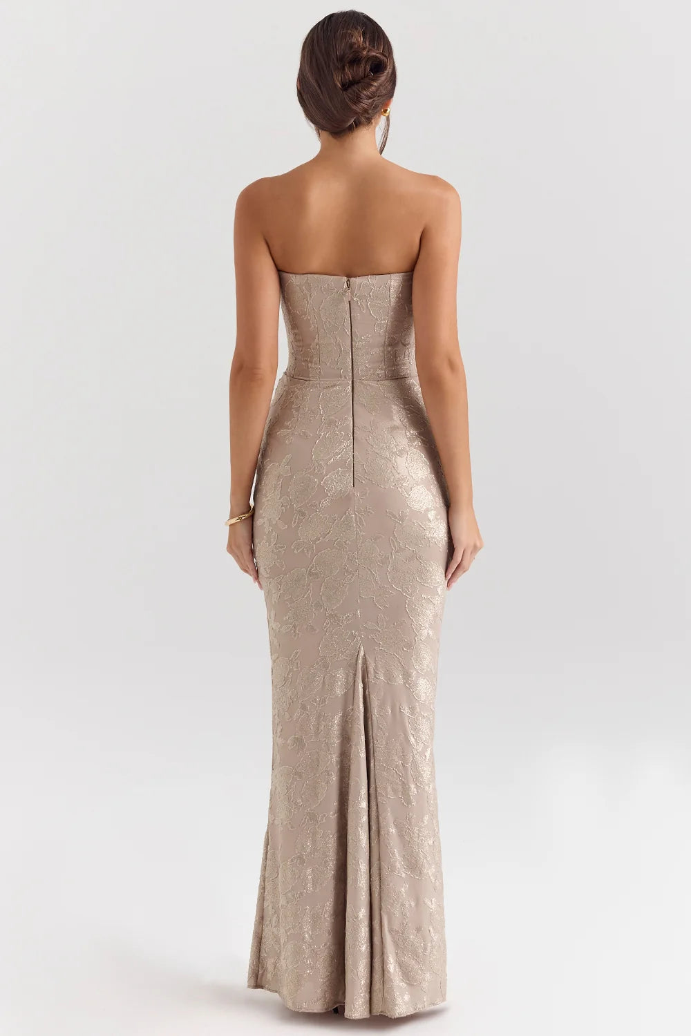 pale gold chiffon mesh strapless corset maxi dress